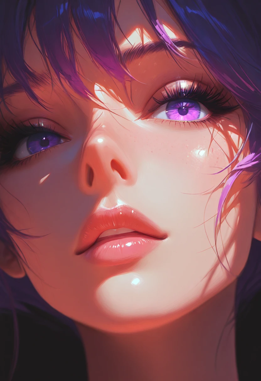 masterpiece, ultra-HD, absurdres, high detail,
1girl, cute face, short purple hair, purple eyes, portrait, eye focus, lips, look at viewer, s1_dram, black background