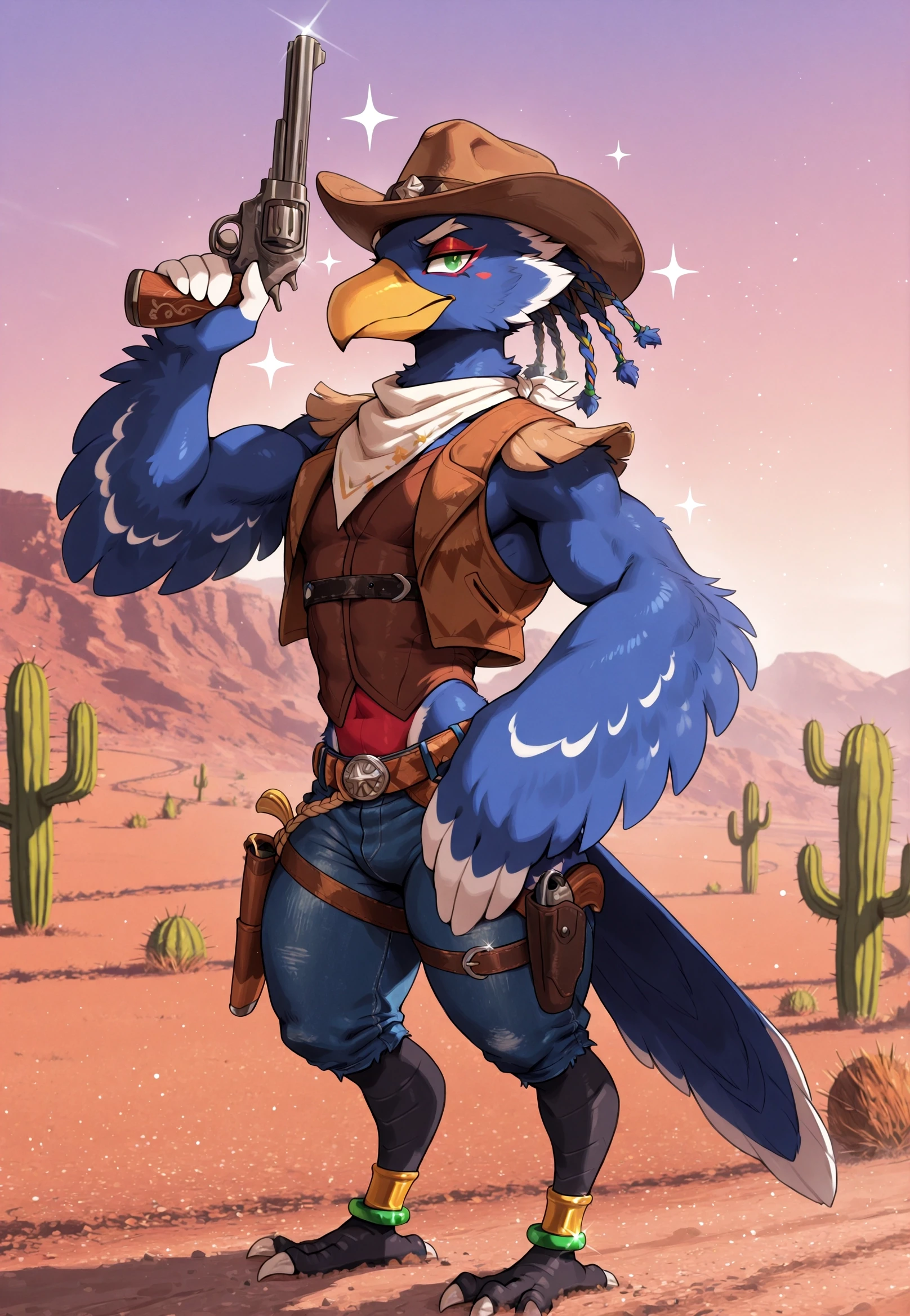 digital artwork, masterpiece, high detailed, best quality, high res, very aesthetic, absurdres, artistic, amazing quality, vibrant colors, high resolution, ultra-detailed, absurdres, newest
1boy, <lora:Revali:1.0> R3v4l1, anthro avian, furry, anthro male, muscular, solo, 1boy, green eyes, red eyeliner, blue feathers, yellow beak, black talons, anklet, brown hat, stetson, cowboy hat, white neckerchief, thigh holster, holding revolver, cowboy outfit, brown vest, jeans, belt, gun, pistol, handgun, sparkle, gun up, lasso, rope on belt
cowboy western, western background, cactus, dirt road, tumbleweed
