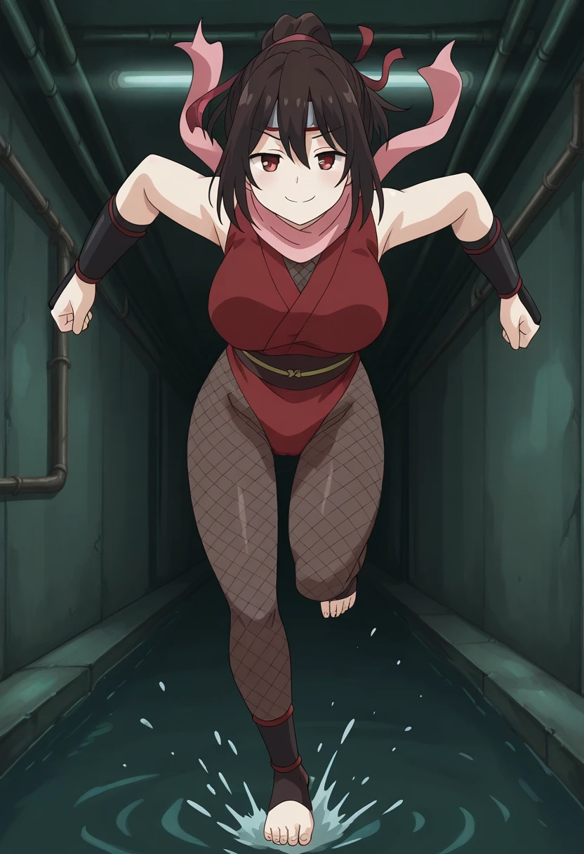 und3rgr0unds3w3r, underground, sewer, ceiling lights, industrial pipe, 1girl, solo, kunobotananm, brown hair, hair ribbon, ponytail, red eyes, forehead protector, pink scarf, , black bracers, red leotard, sleeveless, brown obi, back bow, fishnet pantyhose, toeless, ninja, running, smug, smile, shallow water,
