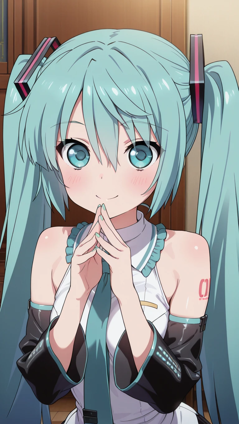 (masterpiece),best quality,amazing quality,very aesthetic,absurdres,newest,perfect body,shiny skin,perfect eyes,detail1eye,well-defined fingers,well-defined fingernails,anime style,indoors,1girl,solo,upper body,(portrait:1.5),looking at viewer,facing viewer,smile,blush,Absolute Duo anime style,hatsune miku,absurdly long hair,aqua hair,twintails,hair ornament,sidelocks,hair between eyes,parted bangs,aqua eyes,white shirt,collared shirt,bare shoulders,sleeveless shirt,aqua necktie,detached sleeves,black sleeves,shoulder tattoo,fringe,miniskirt,pleated skirt,<lora:Hatsune Miku(voc)-Illus-Remake:1.6>,<lora:Absolute Duo anime[style]-Illus:2.8>,