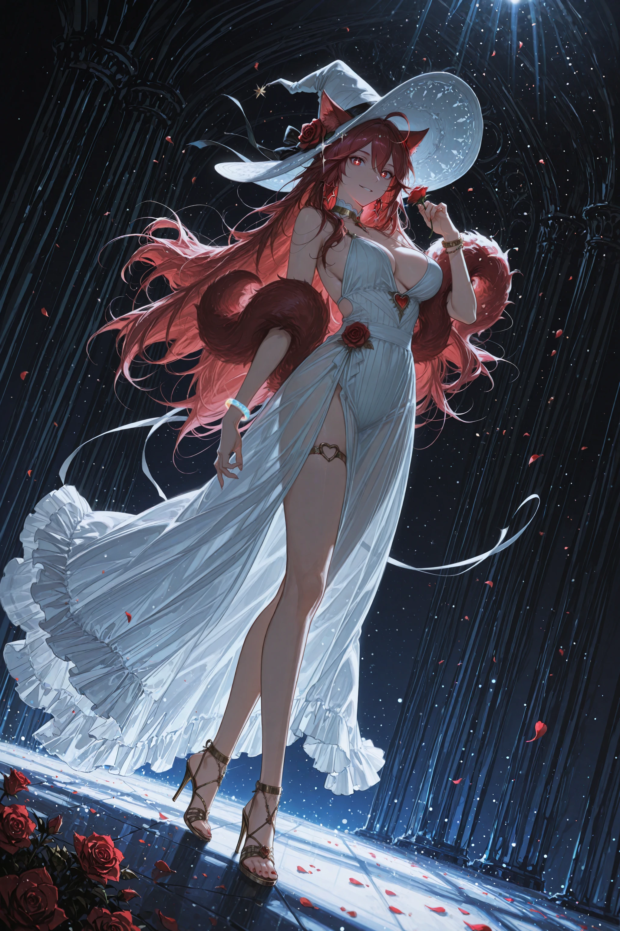 ,1girl, (qiandaiyiyu:0.85), (soleil \(soleilmtfbwy03\):0.6), (godiva ghoul:0.65), (anniechromes:0.5), Masterpiece, amazing quality, 8k, ultra detailed, refined details, high resolution, HD, masterwork, (gmi:0.5), (jimmyovob:0.55), dynamic pose, dynamic angle, solo, cat ears, mavdef, star-shaped pupils, red eyes, large breasts, red hair, long hair, ahoge
cinematic composition, (lush rose garden with glowing petals:1.2), elegant sundress, wide brim hat, ribbon sandals, pastel bracelets, fluffy white bunny in arms, surreal rainbow mist curling through flowers, whimsical aura, fashion magazine vibe
very aesthetic, ultra-detailed, high contrast, backlighting, bokeh, volumetric lighting, animal ears, smile, hat, cat girl, red nails, white dress, blurry foreground, bare arms, dress, sandals, arm at side, holding flower, sunlight, see-through silhouette, stiletto heels, hand up, barefoot sandals \(jewelry\), blue theme, light particles, symbol-shaped pupils, breasts, hair between eyes, see-through headwear, toes, full body, heart o-ring, rose petals, sparkle background, hat ribbon, depth of field, absurdres, best quality, newest, very aesthetic