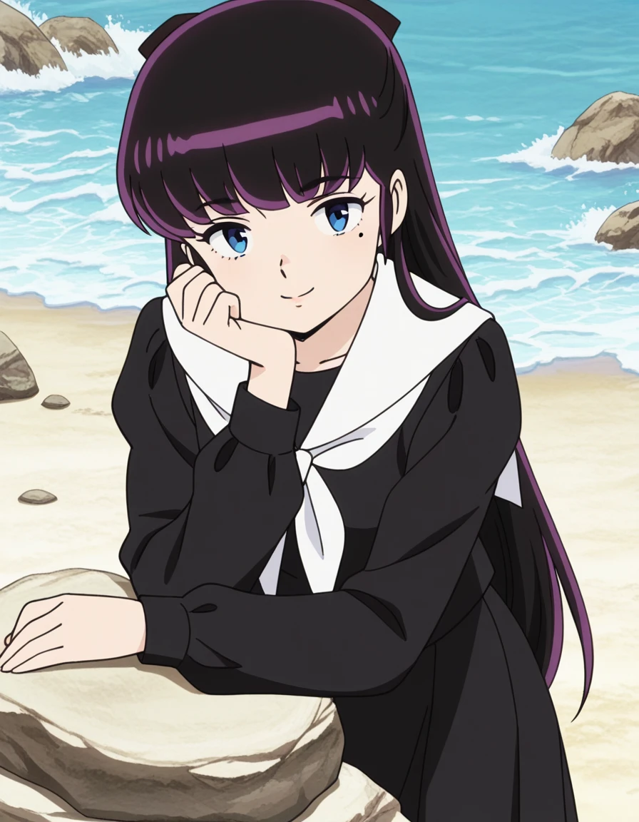 masterpiece, best quality, amazing quality,, <lora:ryouko-mendou-s1-illustriousxl-lora-nochekaiser:1>, ryouko mendou, long hair, blue eyes, purple hair, bow, hair bow, mole, mole under eye, mature female, small , anime screencap, skirt, serafuku, shirt, black shirt, white sailor collar, long sleeves, black skirt, neckerchief, white neckerchief,, head rest, smile,, shore, rocks, sand, waves, water, cowboy shot, solo, looking at viewer,