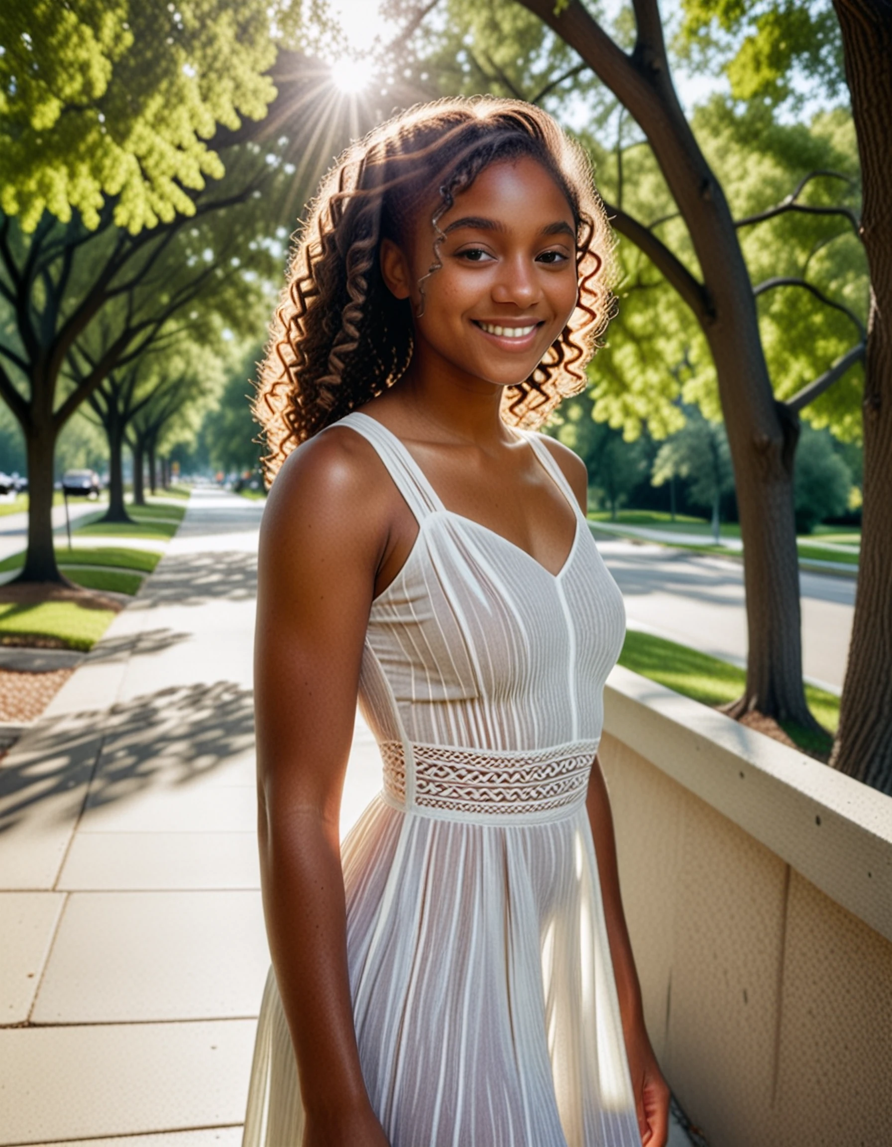 aptyvette, dark skin, looking at sidewalk, curly hair, tight braids, sunlight in hair, breezy, summer dress, confident smile, trees, sharp focus, cinematic, depth of field, film grain, vignette