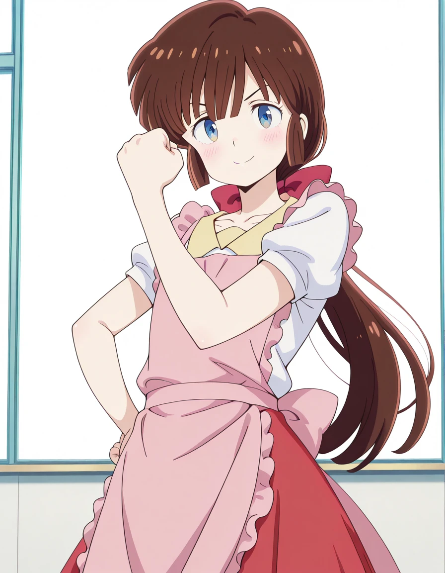 masterpiece, best quality, amazing quality,, <lora:nagisa-shiowatari-s2-illustriousxl-lora-nochekaiser:1>, nagisa shiowatari, long hair, bangs, brown hair, bow, ponytail, hair bow, blue eyes, otoko no ko, anime screencap, short sleeves, apron, puffy sleeves, skirt, red skirt, shirt, white shirt, collarbone,, <lora:cureblack-pose-illustriousxl-lora-nochekaiser:1>, cureblack pose, solo, looking at viewer, blush, smile, cowboy shot, hand on own hip, hand up, clenched fist,, school, classrooms, students, teachers, learning, cowboy shot, solo, looking at viewer, <lora:transparent-background-illustriousxl-lora-nochekaiser:1>, transparent background, simple background, white background