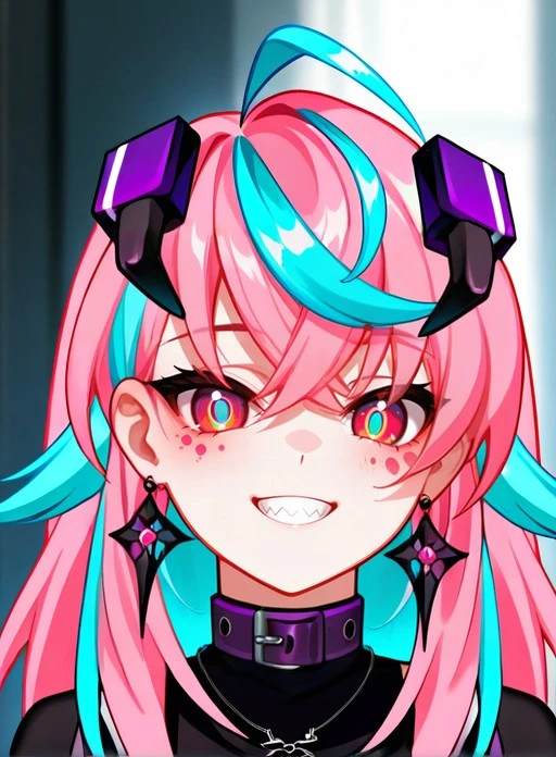 (Masterpiece), (high quality), (high res), (good quality), score_9, score_8_up, score_7_up, <lora:Emikukisil-10:0.8>,Emikukis, 1girl, solo, long hair, looking at viewer, smile, shirt, red eyes, hair between eyes, jewelry, blue hair, upper body, pink hair, ahoge, multicolored hair, earrings, horns, teeth, virtual youtuber, artist name, necklace, blurry, grin, two-tone hair, streaked hair, collar, black shirt, blurry background, aqua hair, sharp teeth, portrait, colored sclera, pendant, multicolored eyes, red sclera, purple pupils, , choker, facial mark, crossed bangs, belt collar