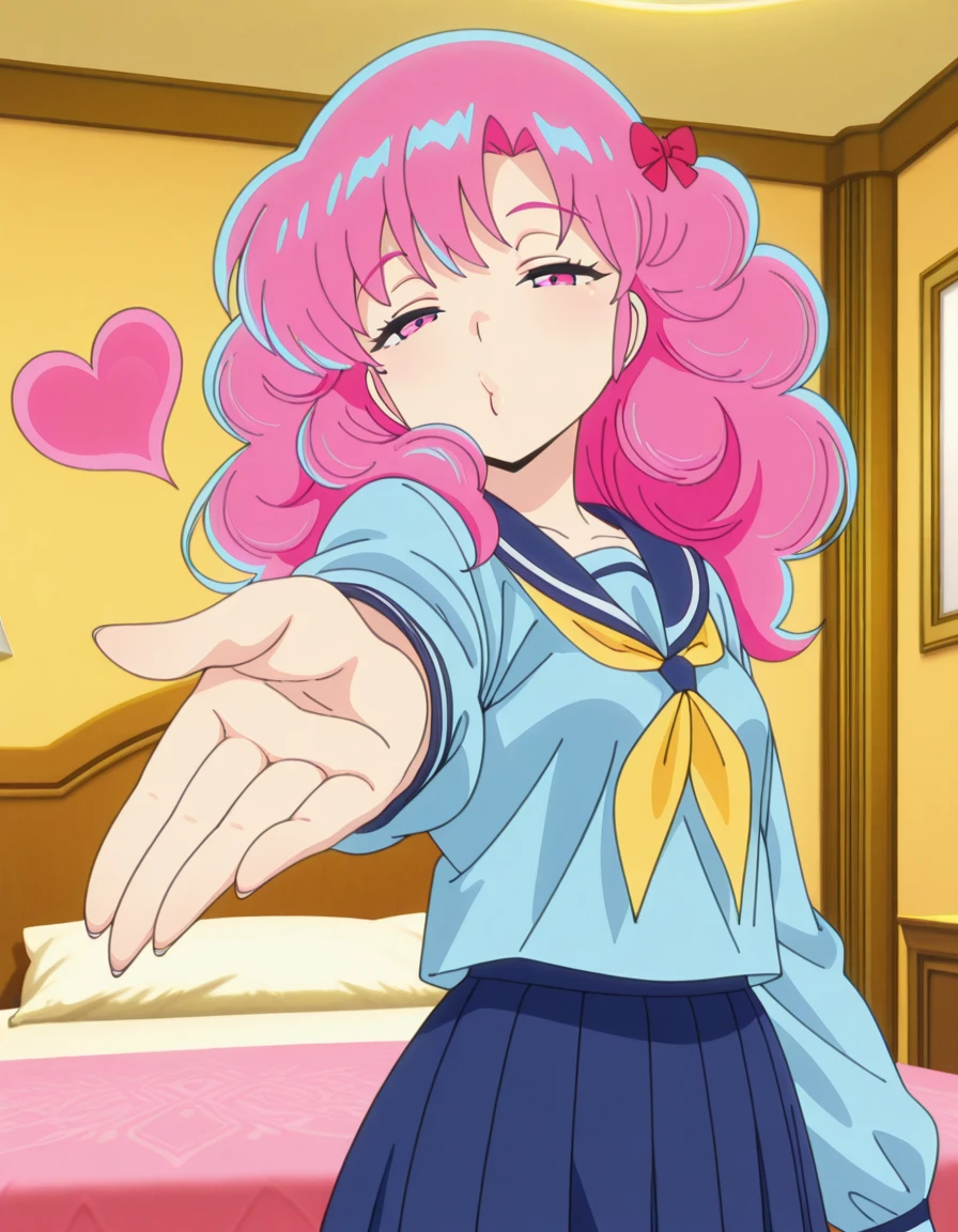 masterpiece, best quality, amazing quality,, <lora:urusei-yatsura-ran-s1-illustriousxl-lora-nochekaiser:1>, ran, long hair, bangs, pink hair, bow, hair bow, red bow, pink eyes, mature female, small breasts, anime screencap, shirt, long sleeves, serafuku, sailor collar, neckerchief, yellow neckerchief, shirt, blue shirt, blue sailor collar, blue skirt,, <lora:suzuka-dairenjis-blowing-kiss-illustriousxl-lora-nochekaiser:1>, suzuka dairenji's blowing kiss, solo, heart, outstretched hand, blowing kiss, foreshortening, half-closed eyes, looking at viewer,, hotel, rooms, lobby, guests, beds, cowboy shot, solo, looking at viewer,