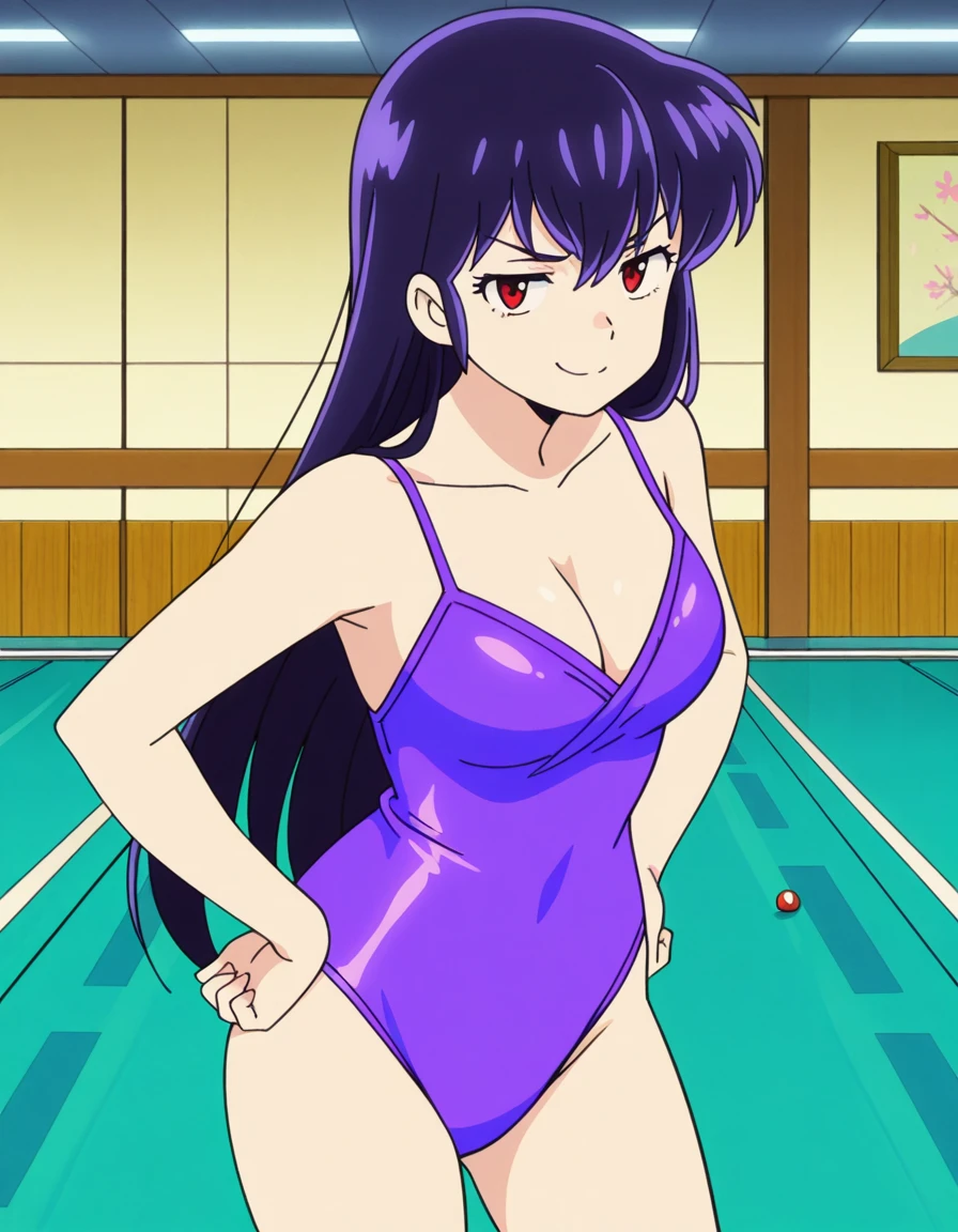 masterpiece, best quality, amazing quality,, <lora:urusei-yatsura-sakura-s1-illustriousxl-lora-nochekaiser:1>, sakura, long hair, purple hair, red eyes, mature female, medium breasts, anime screencap, cleavage, swimsuit, leotard, one-piece swimsuit, casual one-piece swimsuit, purple leotard, purple one-piece swimsuit,, smug, hands on own hip,, bowling alley, lanes, pins, balls, fun, cowboy shot, solo, looking at viewer,
