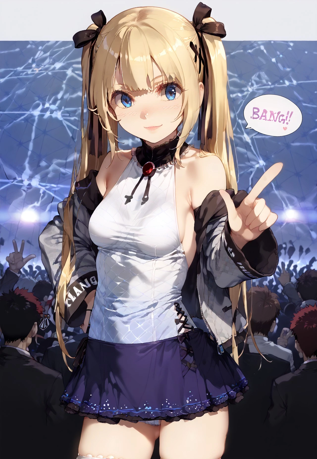 score_9, score_8_up, score_7_up,zPDXL3 ,Nagioka_Style, Expressiveh, source_anime, masterpiece, very aesthetic, absurdres, sinfully stylish, dramatic lighting, soft light, long shadows, detailed, ultra-detailed, masterpiece, very aesthetic, absurdres, perfect quality, absolutely eye-catching, best quality, intricate details, high-res,anime,Haoni_Style, anime, 1girl, solo, blonde hair, long hair, twintails, hair ribbon, blue eyes, small breasts, microdress, posing, finger gun, bang (gesture), bubble speech "BANG", N1ghtrav3, crowd,nightclub,rave,spotlights,ultraviolet light,crowded