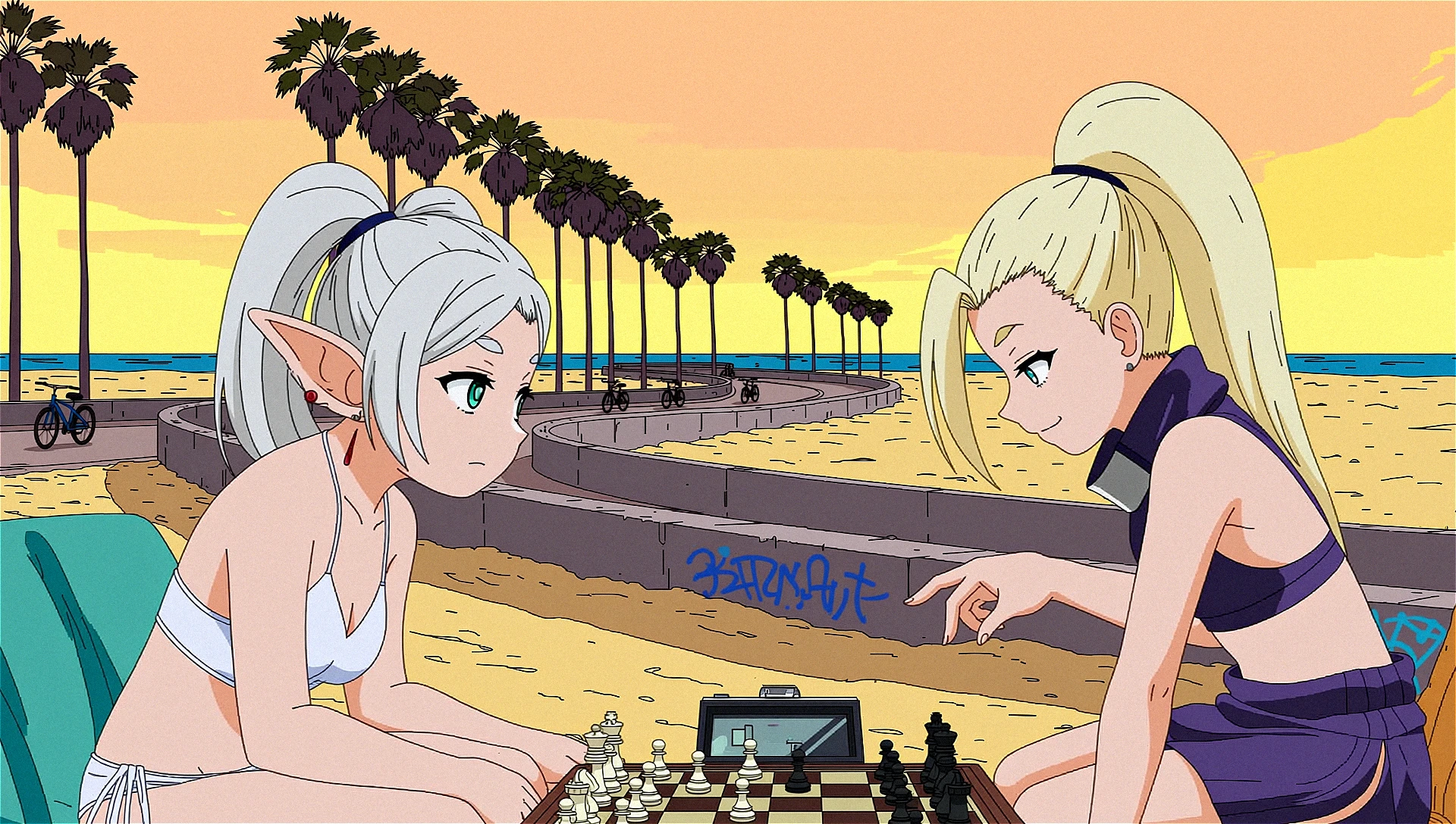 upper body side profile view of two girls playing chess together sitting near venice beach ligne claire style. the first girl is frieren the elf with green eyes and white twintails, wearing a white bikini with a defeated expression. The second girls is ino yamanaka with a long blonde ponytail, She is dressed in a purple skirt bikini onesie. ino she smirks, her expression is satisfaction from winning. it is golden hour the background features a winding bike sidewalk for skaetboarding and bike riding. Palm trees liven the scene. concrete structure is sitting on the sand with graffiti on it. highly detailed and award winning background.