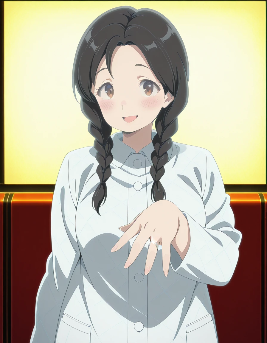 masterpiece, best quality, amazing quality,, <lora:urusei-yatsura-nozomi-s2-illustriousxl-lora-nochekaiser:1>, nozomi, long hair, black hair, braid, twin braids, brown eyes, mature female, small breasts, anime screencap, coat, white coat, long sleeves,, <lora:gotoubunnohanayome-vol13-illustriousxl-lora-nochekaiser:1>, gotoubunnohanayome vol13, solo, looking at viewer, blush, smile, open mouth, upper body, wedding ring, hand up,, restaurant, laughter, good food, warm lighting, celebration, cowboy shot, solo, looking at viewer,