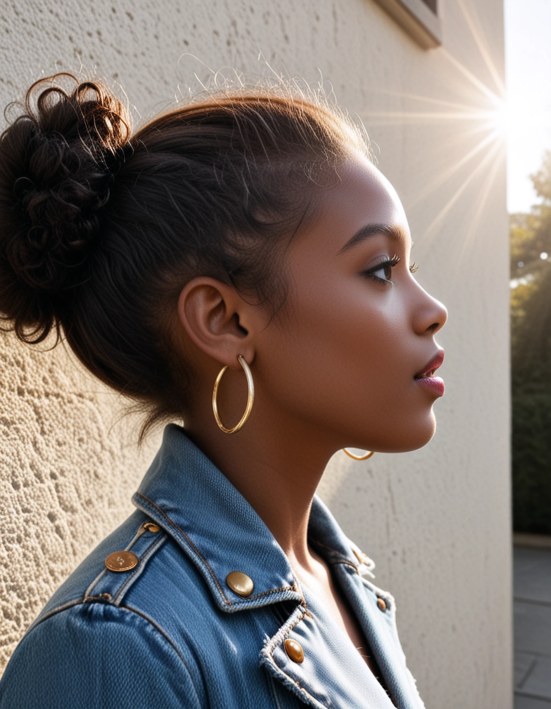 High Fashion, aptyvette, curly hair, denim jacket, loose turtleneck, profile, monochrome,  raw photo, face details, lips, hoop earrings, hair in bun, dark skin, sunlight  in hair, sharp focus, dynamic, dramatic, haute couture, elegant, ornate clothing, High Fashion
