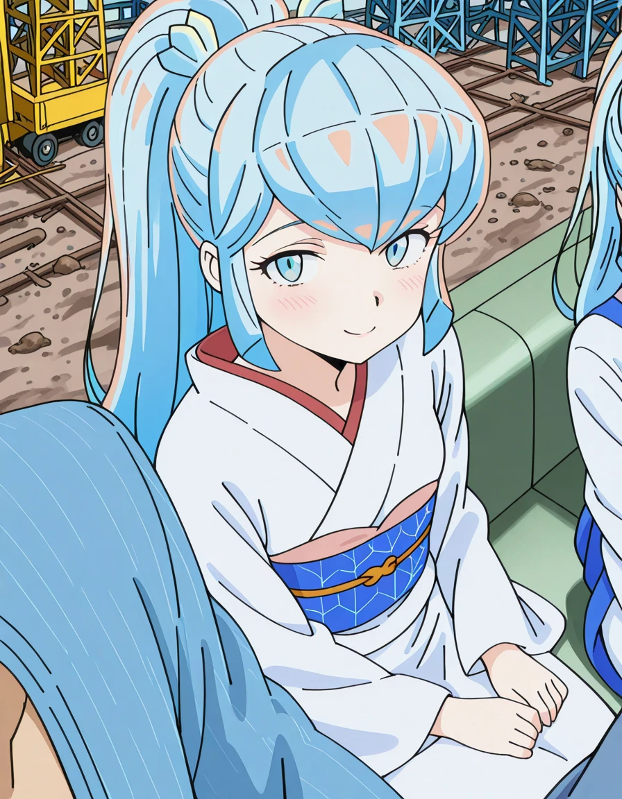 masterpiece, best quality, amazing quality,, <lora:urusei-yatsura-oyuki-s1-illustriousxl-lora-nochekaiser:1>, oyuki, long hair, blue eyes, blue hair, ponytail, mature female, small breasts, anime screencap, japanese clothes, kimono, sash, white kimono, obi,, <lora:side-by-side-pov-illustriousxl-lora-nochekaiser:1>, side-by-side pov, side-by-side, pov, solo focus, looking at viewer, blush, smile, 1boy, sitting, pov shoulder,, construction site, machines, workers, progress, dirt, cowboy shot, solo, looking at viewer,