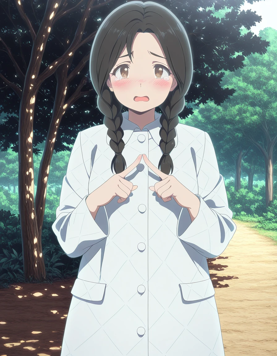 masterpiece, best quality, amazing quality,, <lora:urusei-yatsura-nozomi-s2-illustriousxl-lora-nochekaiser:1>, nozomi, long hair, black hair, braid, twin braids, brown eyes, mature female, small breasts, anime screencap, coat, white coat, long sleeves,, <lora:fidgeting-index-fingers-together-illustriousxl-lora-nochekaiser:1>, fidgeting index fingers together, index fingers together, open mouth, looking at viewer, fidgeting, blush, tearing up, upper body, Natural settings, trees, rivers, sunlight, wildlife, cowboy shot, solo, looking at viewer,