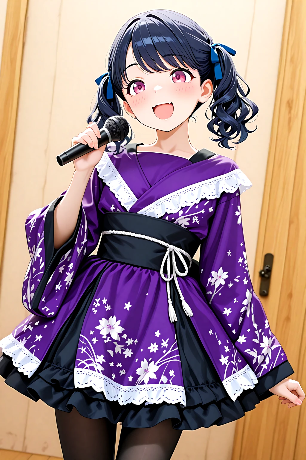 masterpiece, best quality, amazing quality, 1girl, solo, makeup, general, cowboy shot, looking at viewer, blush, dramatic angle, smile, open shouji, blue sky, indoors, singing, holding microphone, open mouth, microphone, <lora:Koito Fukumaru:0.8>, aakoito, red eyes, black hair, twintails, wavy hair, blue hair ribbon, <lora:Kimono_Style_Dress:1.1>, Kimono_Style_Dress, cosplay, dress, japanese clothes, wide sleeves, short kimono, floral print, ribbon, long sleeves, hair ribbon, sash, obi, (purple dress), black pantyhose, <lora:wai-A3-V140:1>, <lora:illustrious_noobai_epsilon_pred_1_masterpieces_v1:1>