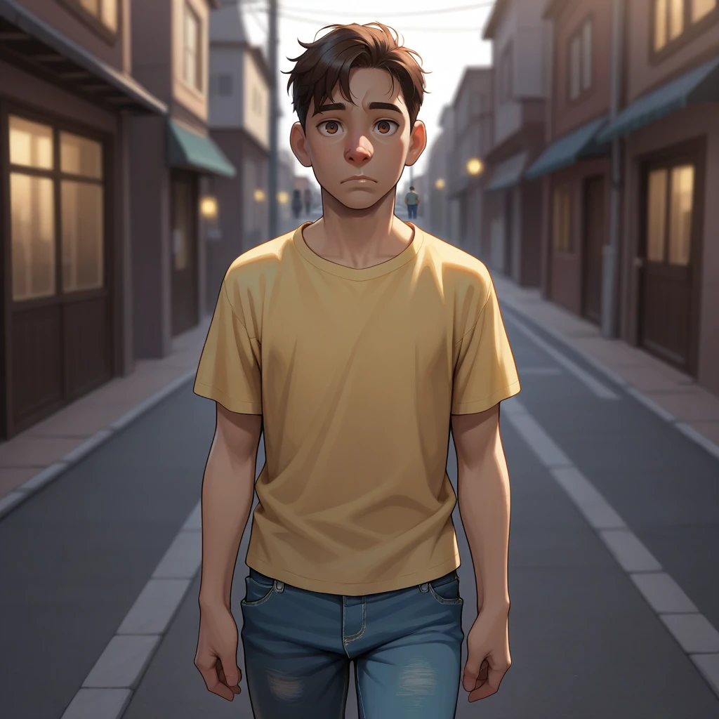 masterpiece, best quality, snubnose, upturned nose, 1boy, solo, brown hair, brown eyes, yellow shirt, blue pants, cowboy shot, <lora:SnubNose_illustrious_Leaf3-000010:1>, looking at viewer, depth of field, street,