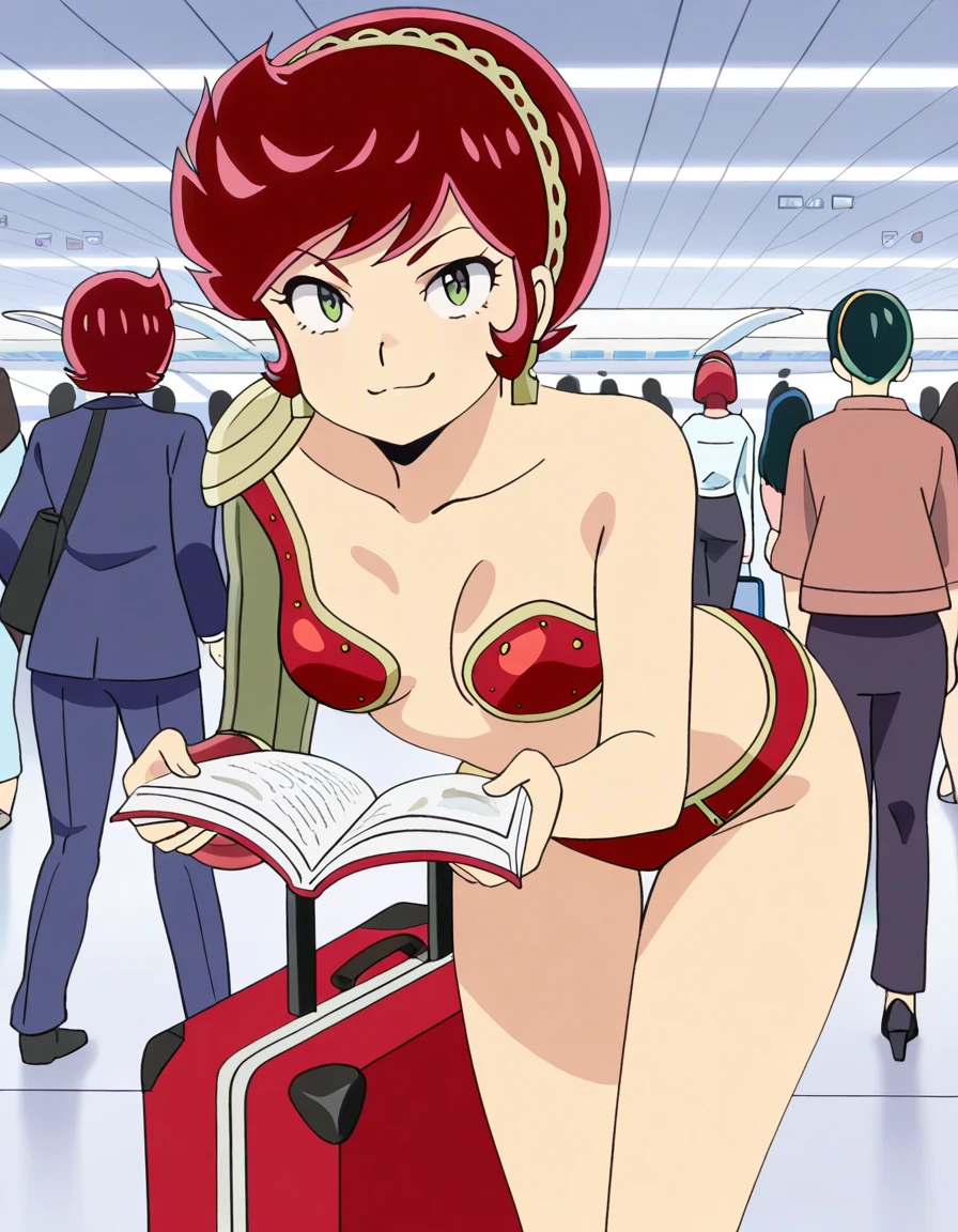 masterpiece, best quality, amazing quality,, <lora:urusei-yatsura-benten-s1-illustriousxl-lora-nochekaiser:1>, benten, short hair, green eyes, red hair, hairband, mature female, small breasts, anime screencap, armor, bikini armor,, bent over, smug,, airport, waiting area, suitcase, flight delayed, passengers, reading book, cowboy shot, solo, looking at viewer,
