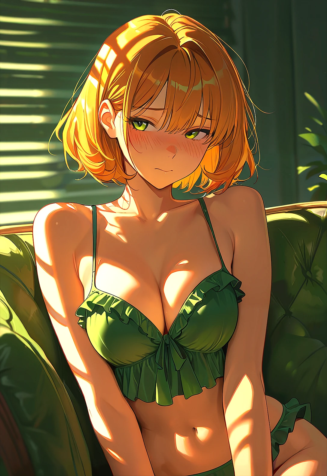 masterpiece, best quality, absurdres, high detail, s1_dram,
anime, 1girl, slim, sexy, cute face, beautiful, wide hips, medium breasts, cleavage, shy, ginger hair, sitting on couch, relaxed, sexy pose, green eyes, green camisol, frills, dappled light, blinds, upper body,