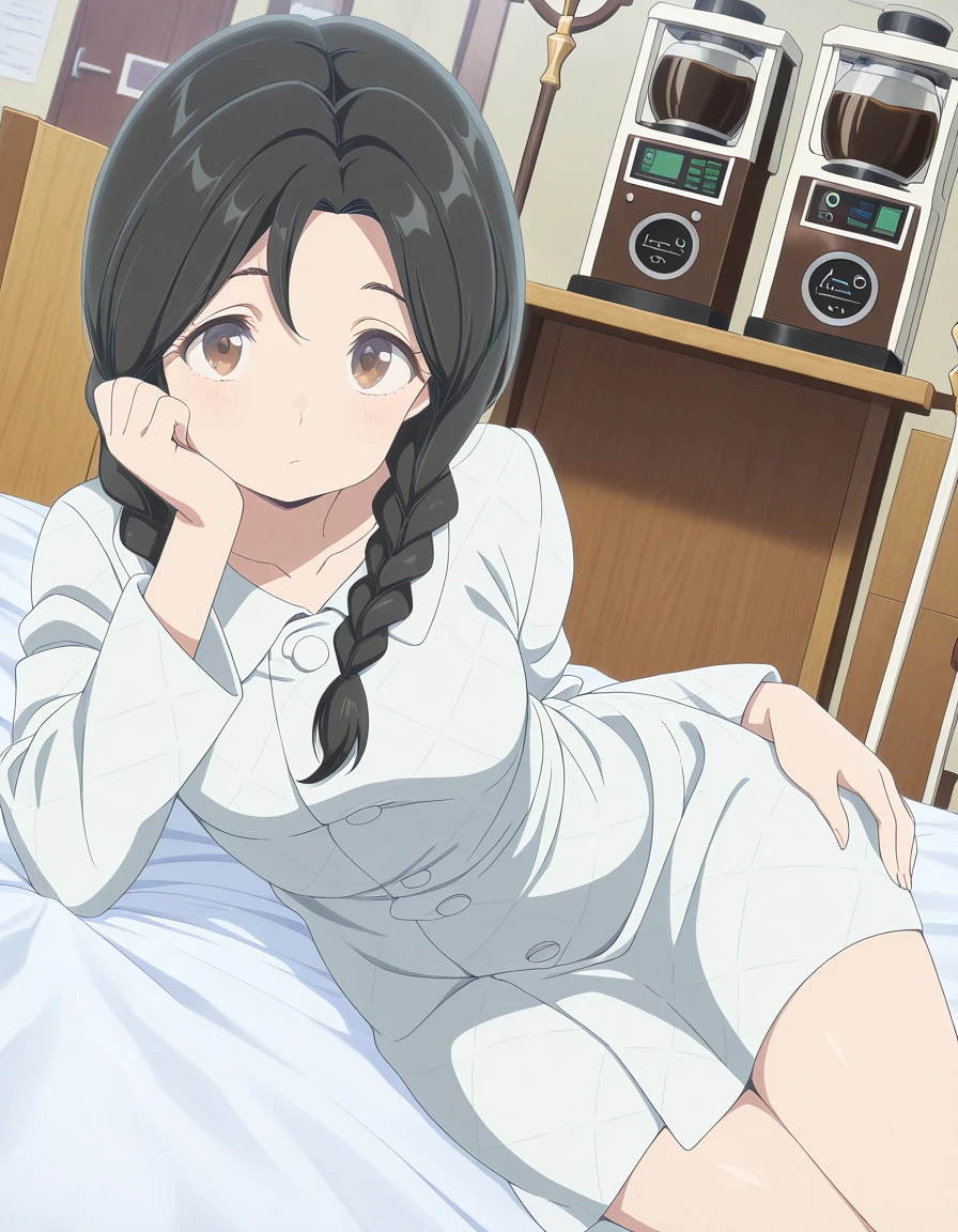masterpiece, best quality, amazing quality,, <lora:urusei-yatsura-nozomi-s2-illustriousxl-lora-nochekaiser:1>, nozomi, long hair, black hair, braid, twin braids, brown eyes, mature female, small breasts, anime screencap, coat, white coat, long sleeves,, <lora:hand-on-own-hip-on-side-illustriousxl-lora-nochekaiser:1>, hand on own hip on side, looking at viewer, collarbone, lying, hand on hip, bed, bed sheet, arm support, on bed, on side, head rest, hand on own thigh, staff room, table, chairs, coffee_machine, relaxation, cowboy shot, solo, looking at viewer,