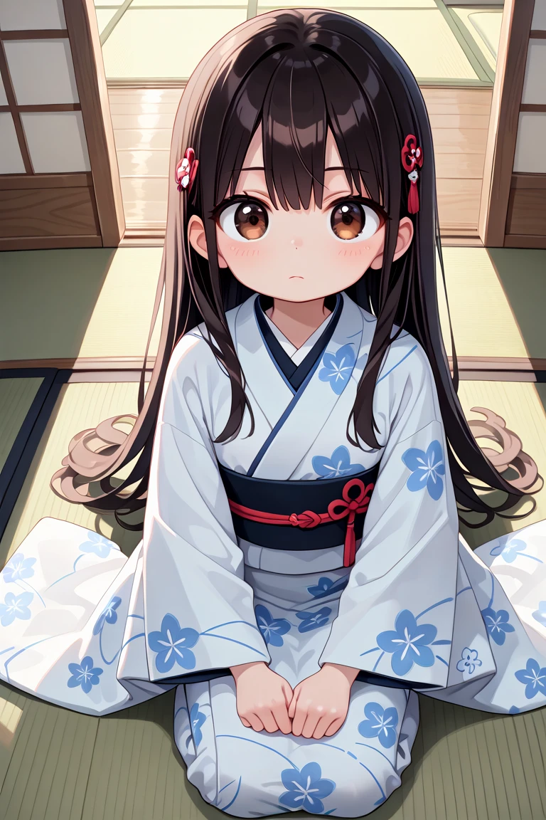 masterpiece, best quality, amazing quality, very aesthetic, absurdres,
cute round face, slender, ultra detailed eyes, ultra detailed hair, ultra beautiful,
1girl, solo,
cowboy shot, from front, from above, upset, closed mouth, looking at viewer,
japanese room, tatami, seiza, sitting, black long hair, brown eyes, wearing kimono