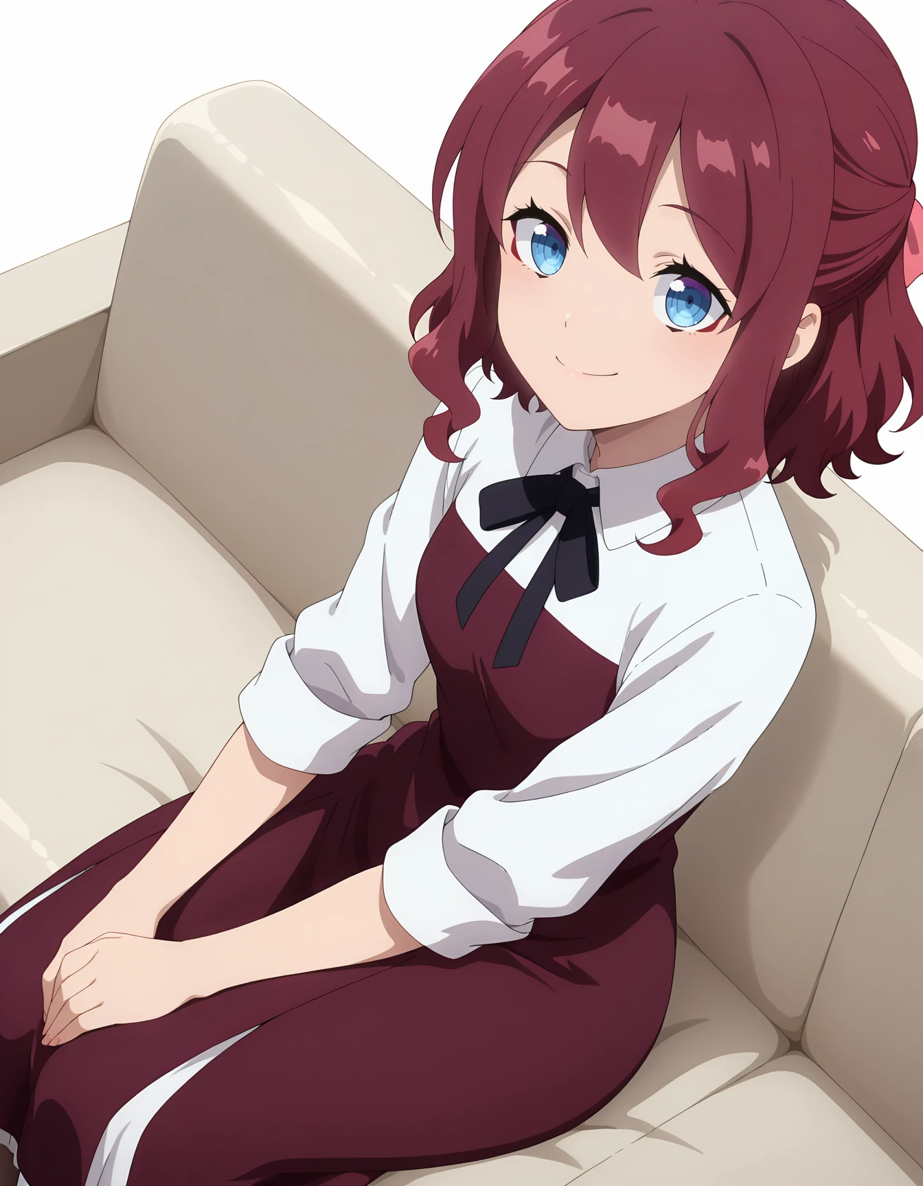 highres,very detailed,amazing quality,masterpiece,very aesthetic,anime screencap,
1girl,smile,solo,looking at viewer,dutch angle,foreshortening,sitting sofa,cowboy shot,from above,(simple background,white background:1.2),
blue eyes,red eyeshadow,parted bangs,red hair,short hair,half updo,pink hairribbon,
white collared shirt,red tube dress,black neckribbon,(pantyhose:0.8),<lora:FLIAW_Loage 1:0.9>
layered skirt,long skirt,