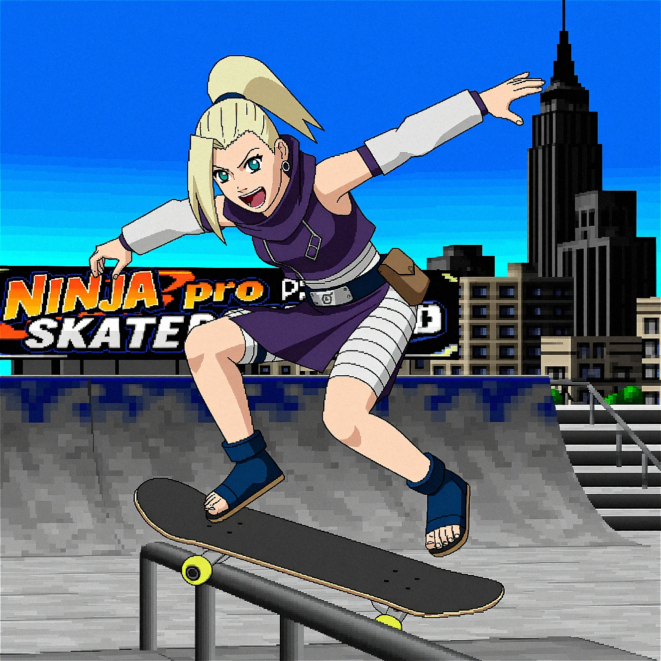 3D CGI-render of Ino Yamanaka, her hair kept in a blonde shoulder length ponytail. Her expression is of pure joy with her mouth open and eyes ahead. She is dressed in her signature purple outfit, small silver hoop earrings, high-collared purple blouse with three small silver hoop rings attached to the right, purple skirt, white arm warmers, forehead protector with the leaf village symbol from the show naruto worn around her waste as a belt, bandages covering her abdomen and thighs stopping just above the knee, thigh holster on her right leg, brown pouch on her lower back and sandals. She is doing tricks at a newyork city skate park in the ps1 video game tony hawk pro skater. A cityscape with a banner with the words, "Ninja pro skater". In this dynamic still She is mid air kick flipping a skateboard after grinding on a rail and is attempted to clear a large flight of steps. full body wide shot from below.