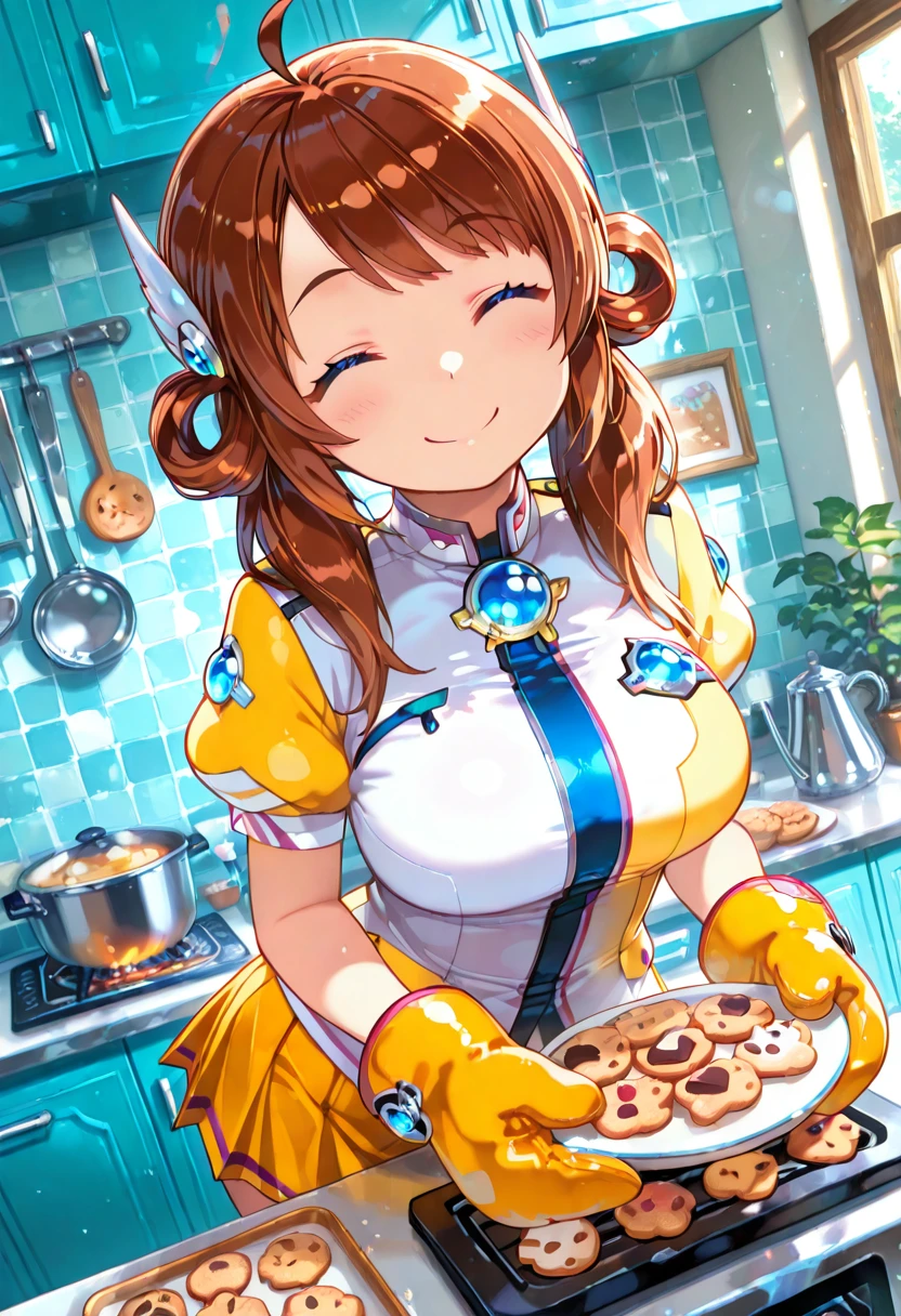 1girl, solo, leahs_moe, brown hair, swept bangs, ahoge, hair rings, low twintail hair, wing_hair_ornament, closed eyes, blue brooch, moe_uniform, puffy short sleeves, yellow_pleated_mini_skirt, smile, oven mitts, holding cookie plate, cookies, in kitchen, dutch angle, highres,  masterpiece, best quality, amazing quality, very awa, very aesthetic, , <lora:Illust\edit\new\leahs_moe_v1-000007.safetensors:1.0:1.0>