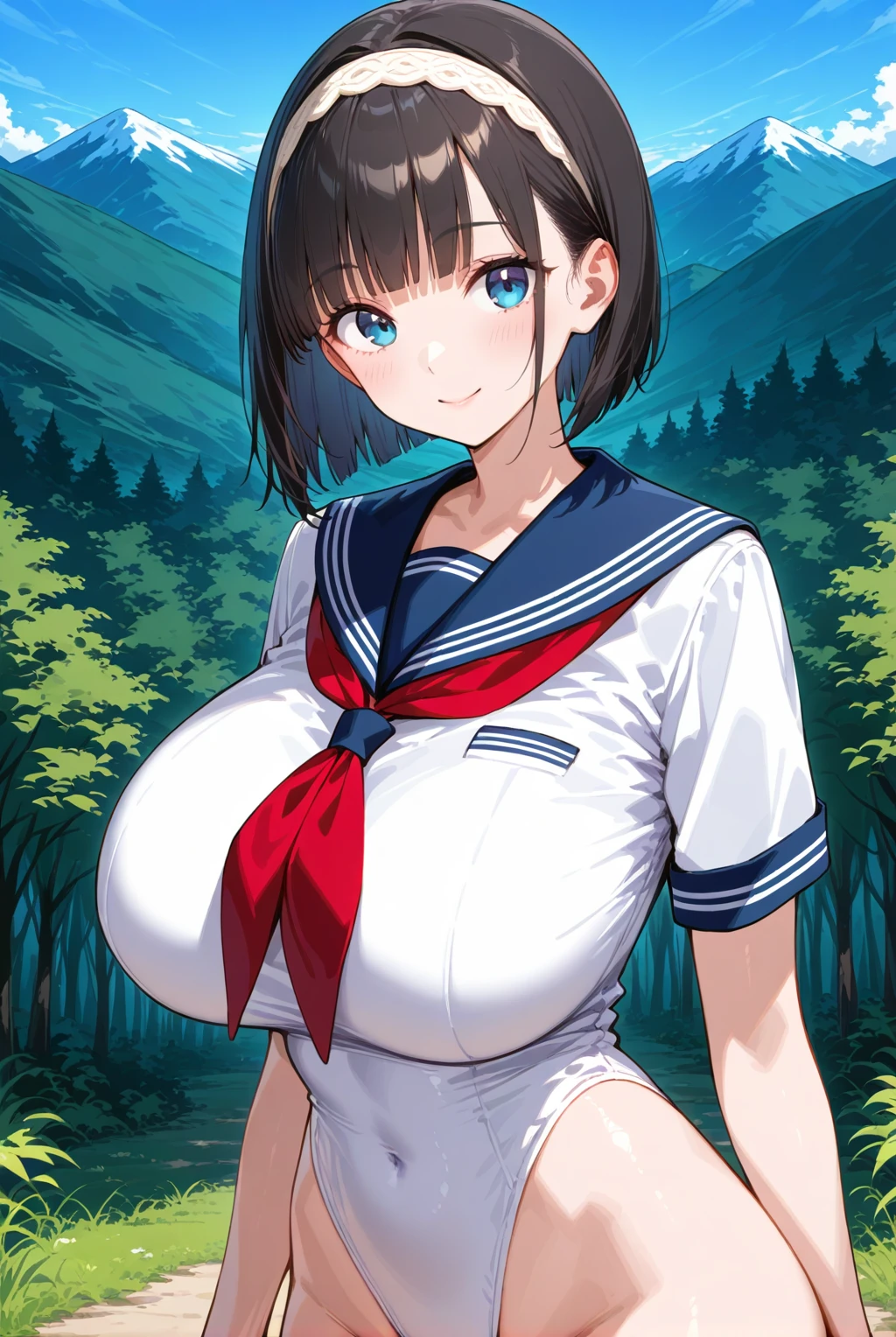 1girl, solo, <lora:Serafuku Leotard Illustrious1:0.6>, huge breasts, smile, hairband, black hair, blunt bangs, blue eyes, bob cut, outdoors, nature, mountain, serafuku leotard, red neckerchief, looking at viewer