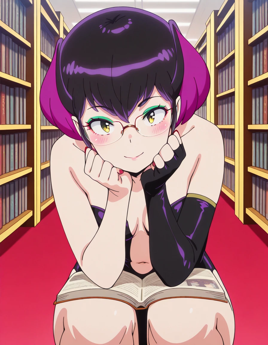 masterpiece, best quality, amazing quality,, <lora:urusei-yatsura-kurama-s1s2-illustriousxl-lora-nochekaiser:1>, kurama, short hair, black hair, yellow eyes, purple hair, multicolored hair, makeup, eyeshadow, mature female, small breasts, anime screencap, gloves, navel, elbow gloves, nail polish, leotard, black leotard, red nails, single glove, collarbone, bare shoulders,, <lora:amane-himeno-photoshoot-illustriousxl-lora-nochekaiser:1>, amane himeno photoshoot, solo, looking at viewer, blush, smile, closed mouth, squatting, head rest,, library, reading books, glasses, quiet, focused, shelves of books, cowboy shot, solo, looking at viewer,