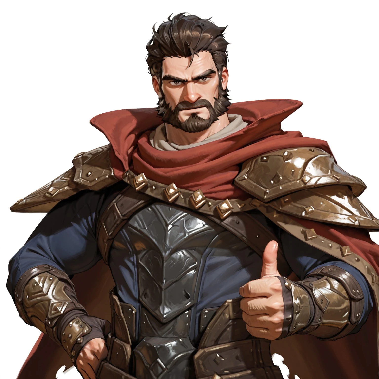 masterpiece, absurdres, best quality, newest, detailed, 2024, 8k, 4k, solo, solo male, 1boy, looking at viewer, LoLGraves, dark brown hair, cape, armor, upper body, [five fingers], thumbs up, white background,