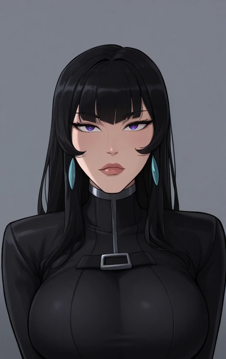 "0" :"masterpiece, best quality, highres,masterpiece,best quality,amazing quality, 1girl, solo, long hair, looking at viewer, purple eyes, black hair, earrings, coat, lips, black coat,t4lb4ld4nd,,((shinny skin, large ))",