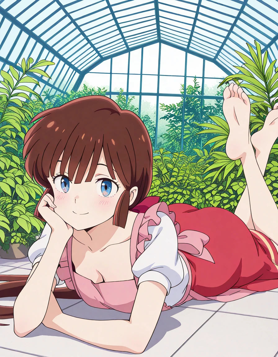 masterpiece, best quality, amazing quality,, <lora:nagisa-shiowatari-s2-illustriousxl-lora-nochekaiser:1>, nagisa shiowatari, long hair, bangs, brown hair, bow, ponytail, hair bow, blue eyes, otoko no ko, anime screencap, short sleeves, apron, puffy sleeves, skirt, red skirt, shirt, white shirt, collarbone,, <lora:the-pose-illustriousxl-lora-nochekaiser:1>, the pose, on stomach, feet up, lying, soles, feet, legs up, head rest, barefoot, cleavage, ass, looking at viewer, smile, blush,, conservatory, plants, glass_roof, sunlight, greenery, cowboy shot, solo, looking at viewer, <lora:transparent-background-illustriousxl-lora-nochekaiser:1>, transparent background, simple background, white background