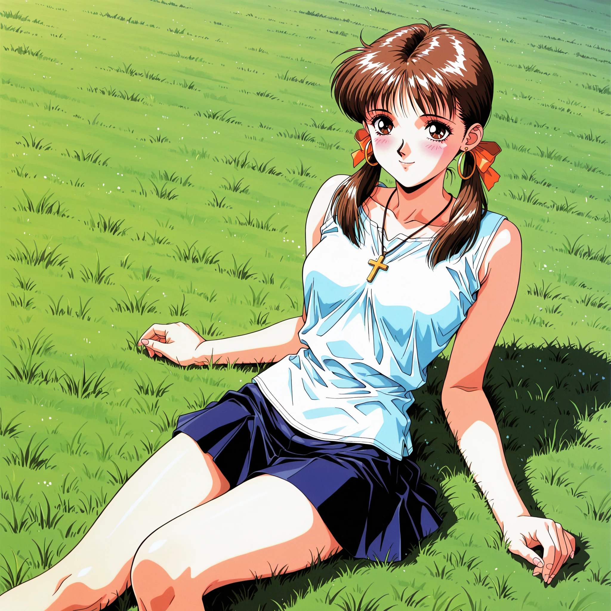 lazypos, <lora:Fujisawa_Ayana_-_Cool_devices_Yellow_Star:0.8> COOLAYANA07, 1girl, retro artstyle, 1990s \(style\), umetsu yasuomi, brown eyes, brown hair, low twintails, hair ribbon, fingernails, sleeveless shirt, miniskirt, sitting, hoop earrings, cross pendant, completely nude, grassland, on ground, on back, hair on wind, smile, blush