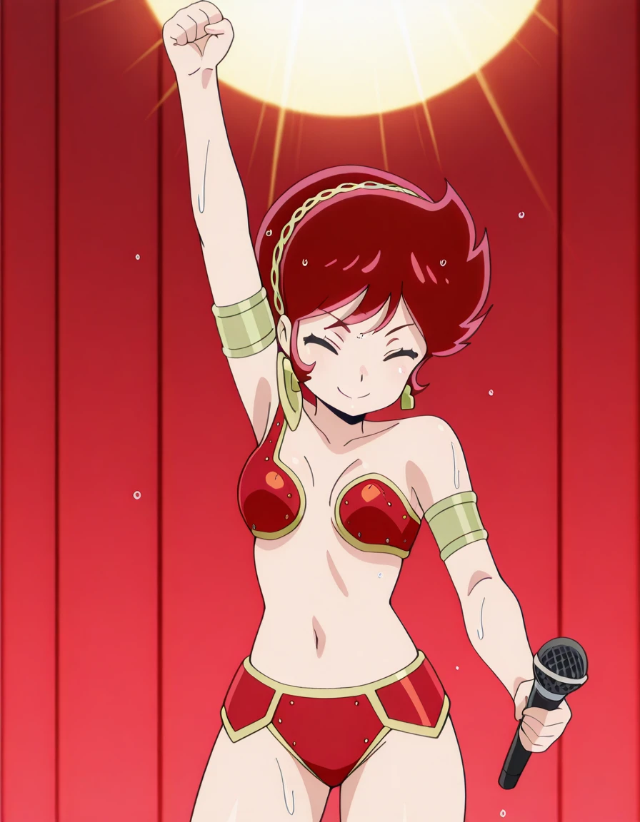 masterpiece, best quality, amazing quality,, <lora:urusei-yatsura-benten-s1-illustriousxl-lora-nochekaiser:1>, benten, short hair, green eyes, red hair, hairband, mature female, small breasts, anime screencap, armor, bikini armor,, <lora:freddymercury-rage-pose-illustriousxl-lora-nochekaiser:1>, freddymercurys rage pose, solo, blush, smile, holding, closed eyes, arm up, microphone, holding microphone, clenched fist, dark, spotlight, upper body, rainy day, umbrella, walking home, puddles, wet hair, cowboy shot, solo, looking at viewer, <lora:transparent-background-illustriousxl-lora-nochekaiser:1>, transparent background, simple background, white background