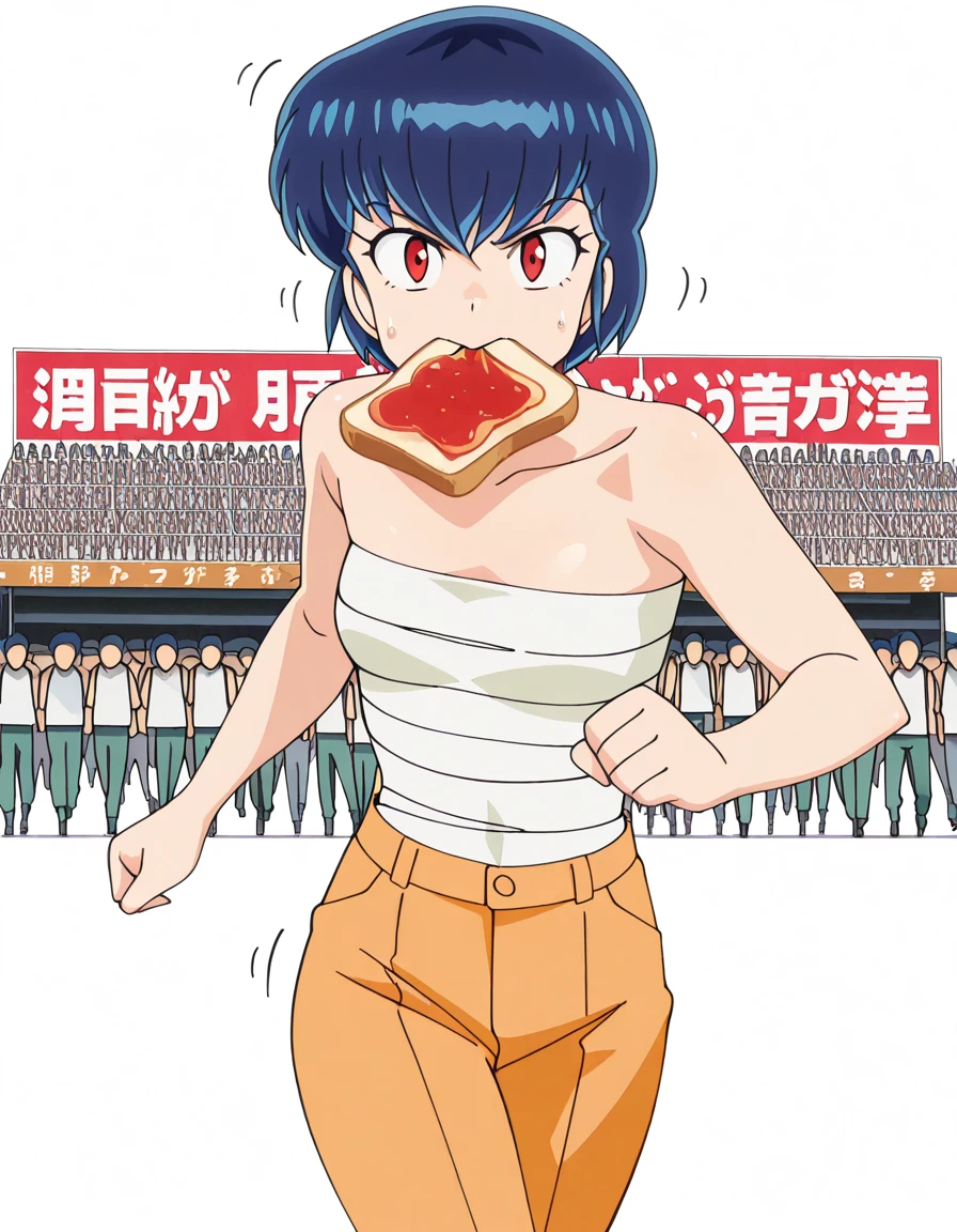 masterpiece, best quality, amazing quality,, <lora:ryuunosuke-fujinami-s1-illustriousxl-lora-nochekaiser:1>, ryuunosuke fujinami, short hair, blue hair, red eyes, mature female, small breasts, anime screencap, sarashi, chest sarashi, pants, bandage, collarbone, bare shoulders, bare arms,, <lora:food-in-mouth-running-illustriousxl-lora-nochekaiser:1>, food in mouth running, food in mouth, running, bread, bread slice, food, toast in mouth, toast, sweatdrop, motion lines, motion blur, outdoors, cowboy shot, convention, crowd, booths, posters, event, cowboy shot, solo, looking at viewer, <lora:transparent-background-illustriousxl-lora-nochekaiser:1>, transparent background, simple background, white background
