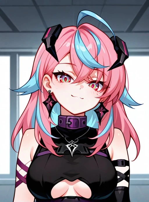 (Masterpiece), (high quality), (high res), (good quality), score_9, score_8_up, score_7_up, <lora:Emikukisil-10:0.8>,Emikukis,pink freckless, red eyes, multicolored eyes, pink hair, blue hair, two-tone hair, long hair, streaked hair, sidelocks, hair between eyes, bangs, ahoge, horns, earrings, , purple collar, spider necklace, black crop top, underboob cutout, arm ribbon, (single mechanical arm), black arm warmer, solo, (portrait, upper body), solo focus, smile, looking at viewer, indoors