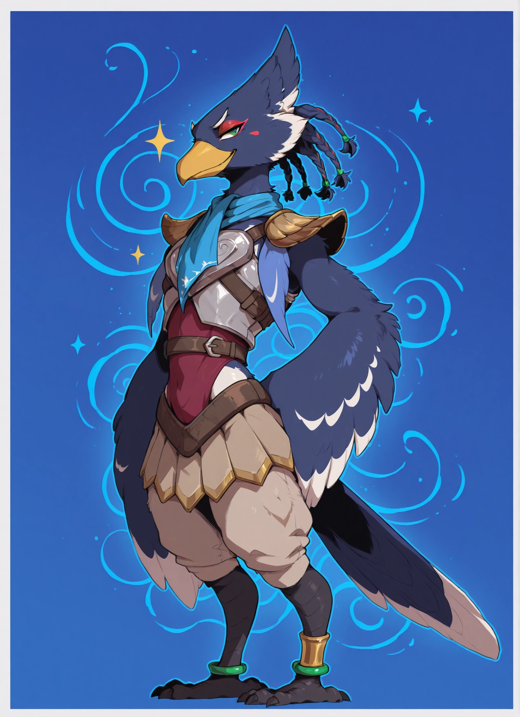 digital artwork, masterpiece, high detailed, best quality, high res, very aesthetic, absurdres, artistic, amazing quality, vibrant colors, high resolution, ultra-detailed, absurdres, newest
1boy, <lora:Revali:1.0> R3v4l1, anthro avian, furry, anthro male, 1boy, green eyes, red eyeliner, blue feathers, yellow beak, black talons, Beige thighs, red top, blue scarf, long scarf, pauldrons, breastplate, tan skirt, anklet, lithe, twink, smug, sparkle
(white border:1.2), abstract background, navyblue background, swirl background