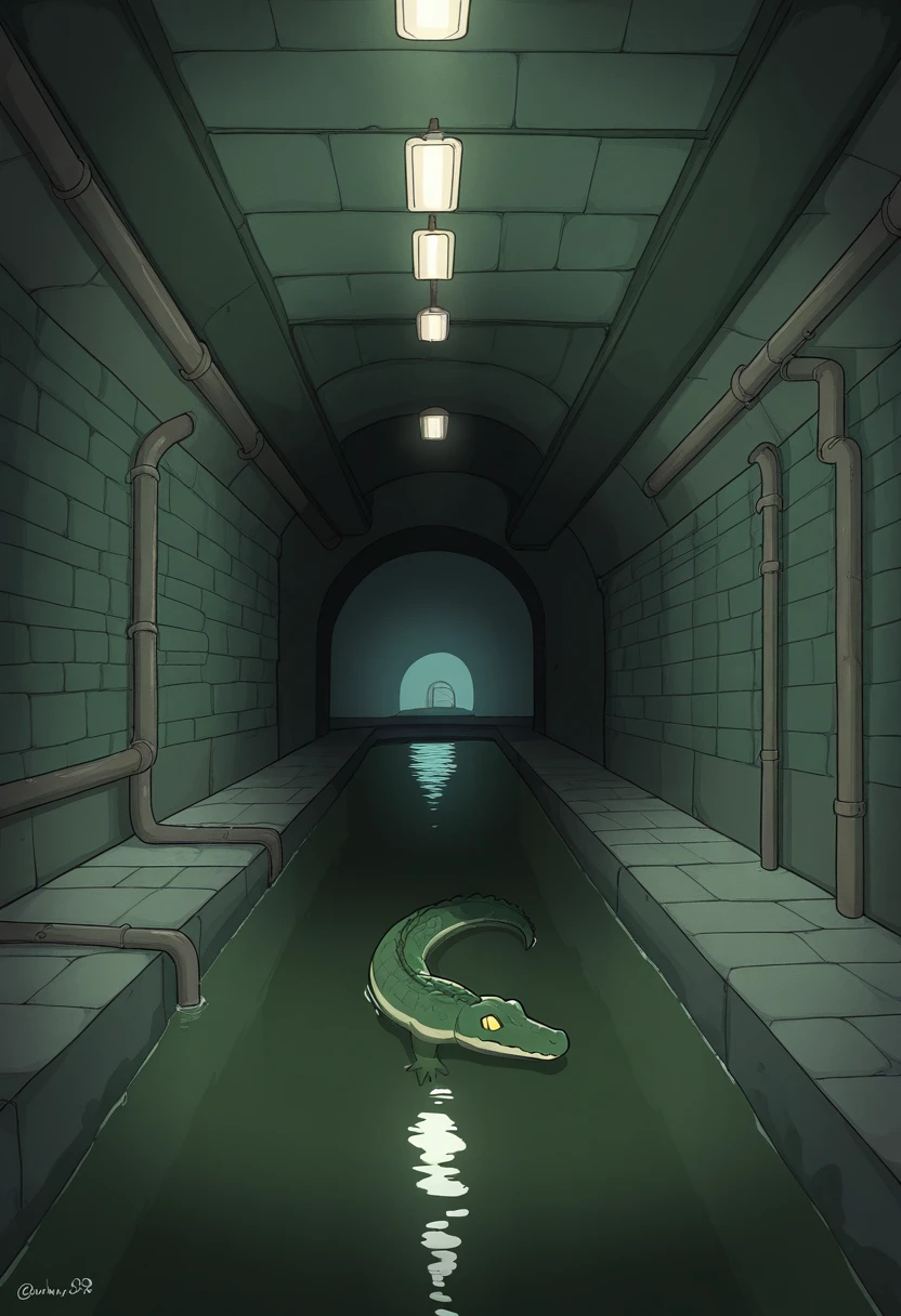 und3rgr0unds3w3r, underground, sewer, grimy water, ceiling lights, industrial pipe, animal, alligator,
