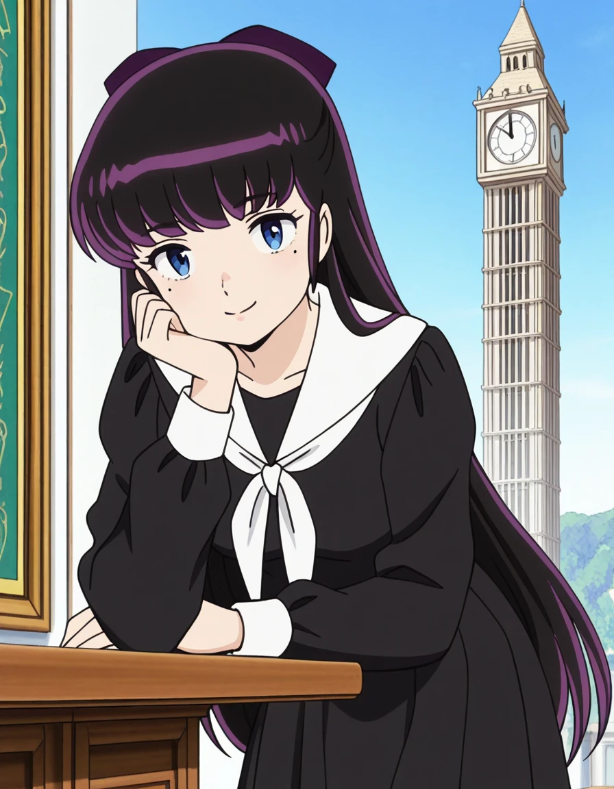 masterpiece, best quality, amazing quality,, <lora:ryouko-mendou-s1-illustriousxl-lora-nochekaiser:1>, ryouko mendou, long hair, blue eyes, purple hair, bow, hair bow, mole, mole under eye, mature female, small , anime screencap, skirt, serafuku, shirt, black shirt, white sailor collar, long sleeves, black skirt, neckerchief, white neckerchief,, head rest, smile,, clock tower, clock, height, landmark, hands, cowboy shot, solo, looking at viewer,
