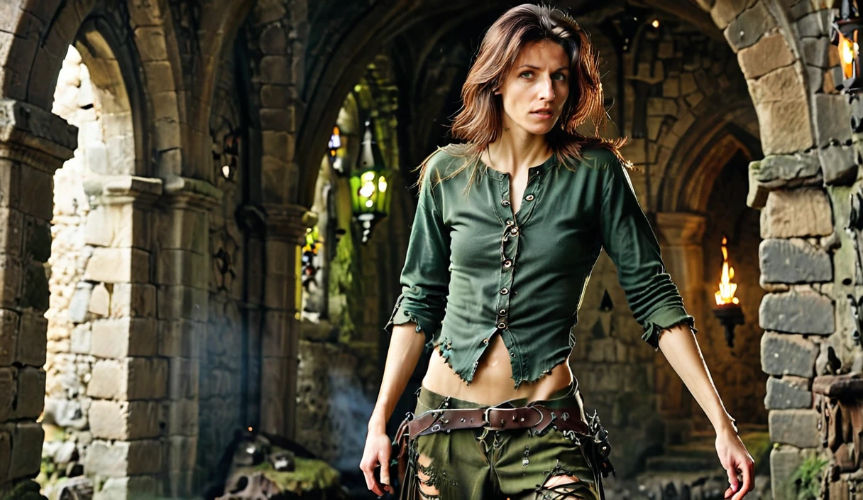 Hyperrealistic art linda_sdx2j097sneeking along a (dark underground:1.5),
scene: hight detalised, a (dark dungeon:1.6) of a broken castle, (moss and cobwebs:1.4) on the walls, small stones that have fallen off the walls are lying on the floor, the walls are made of large uneven stones, there are large cracks in the walls, there are open doors in the walls, the doors are covered in moss, the dungeon is lit by torches,
medium plane: skinny linda_sdx2j097 (sneeking:1.4) along a dark underground,
she has  (unkempt:1.2) and very disheveled hair , dressed in medieval torn adventurer clothes, (old medieval brown dirty torn pants:1.1),  (green medieval shirt,:1.7),
 linda_sdx2j097 (walks very carefully:1.7), moving her legs, on tiptoe, slightly hunched over, she (looks around warily:1.3), 
in the foreground: an old wooden chest covered in mold with a large lock that has turned green with time, <lora:Linda_sdx2j097_v4:1.3>  <lora:bralessSDXL_v1_00022:1>  <lora:Medieval_Aesthetic_Style:1> . Extremely high-resolution details, photographic, realism pushed to extreme, fine texture, incredibly lifelike