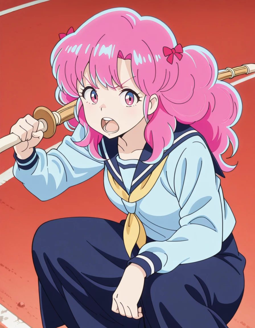 masterpiece, best quality, amazing quality,, <lora:urusei-yatsura-ran-s1-illustriousxl-lora-nochekaiser:1>, ran, long hair, bangs, pink hair, bow, hair bow, red bow, pink eyes, mature female, small breasts, anime screencap, shirt, long sleeves, serafuku, sailor collar, neckerchief, yellow neckerchief, shirt, blue shirt, blue sailor collar, blue skirt,, <lora:slav-squatting-illustriousxl-lora-nochekaiser:1>, slav squatting, solo, looking at viewer, open mouth, holding, weapon, teeth, sword, holding weapon, holding sword, squatting, over shoulder, weapon over shoulder, wooden sword, shinai, bokken,, running track, lanes, red, exercise, race, cowboy shot, solo, looking at viewer,