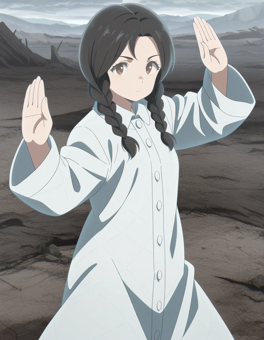 masterpiece, best quality, amazing quality,, <lora:urusei-yatsura-nozomi-s2-illustriousxl-lora-nochekaiser:1>, nozomi, long hair, black hair, braid, twin braids, brown eyes, mature female, small , anime screencap, coat, white coat, long sleeves,, <lora:kung-fu-illustriousxl-lora-nochekaiser:1>, kung fu, martial arts, training, fighting stance, cowboy shot, hands up, legs up, wasteland, barren, dry, post_apocalyptic, desolate, cowboy shot, solo, looking at viewer,