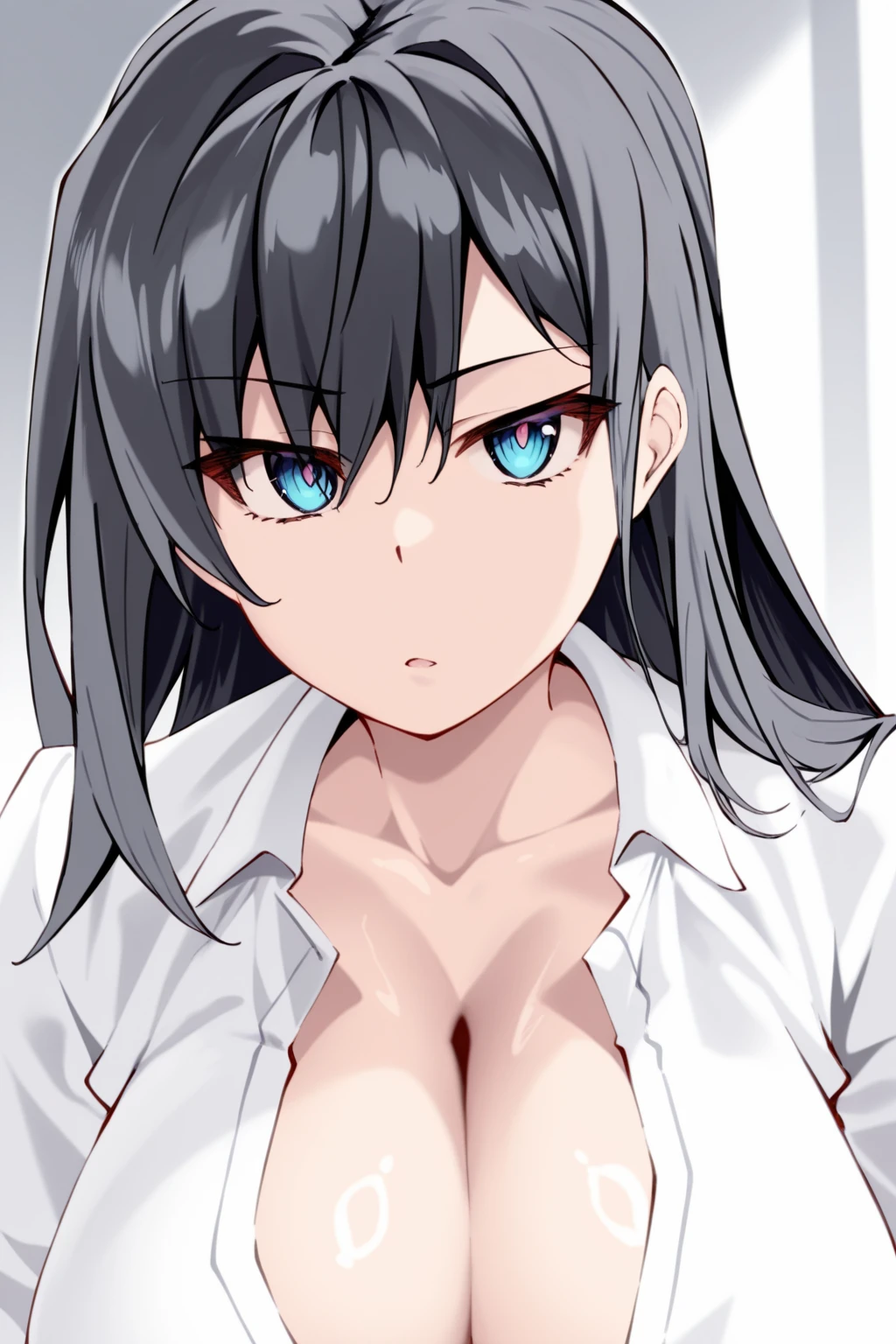 masterpiece,best quality,amazing quality, 1girl, solo, looking at viewer, shunichistyle, 
black hair, bangs, long hair, large breasts, white collared shirt, cleavage, collarbone, blue eyes
 <lora:shunichi:1>