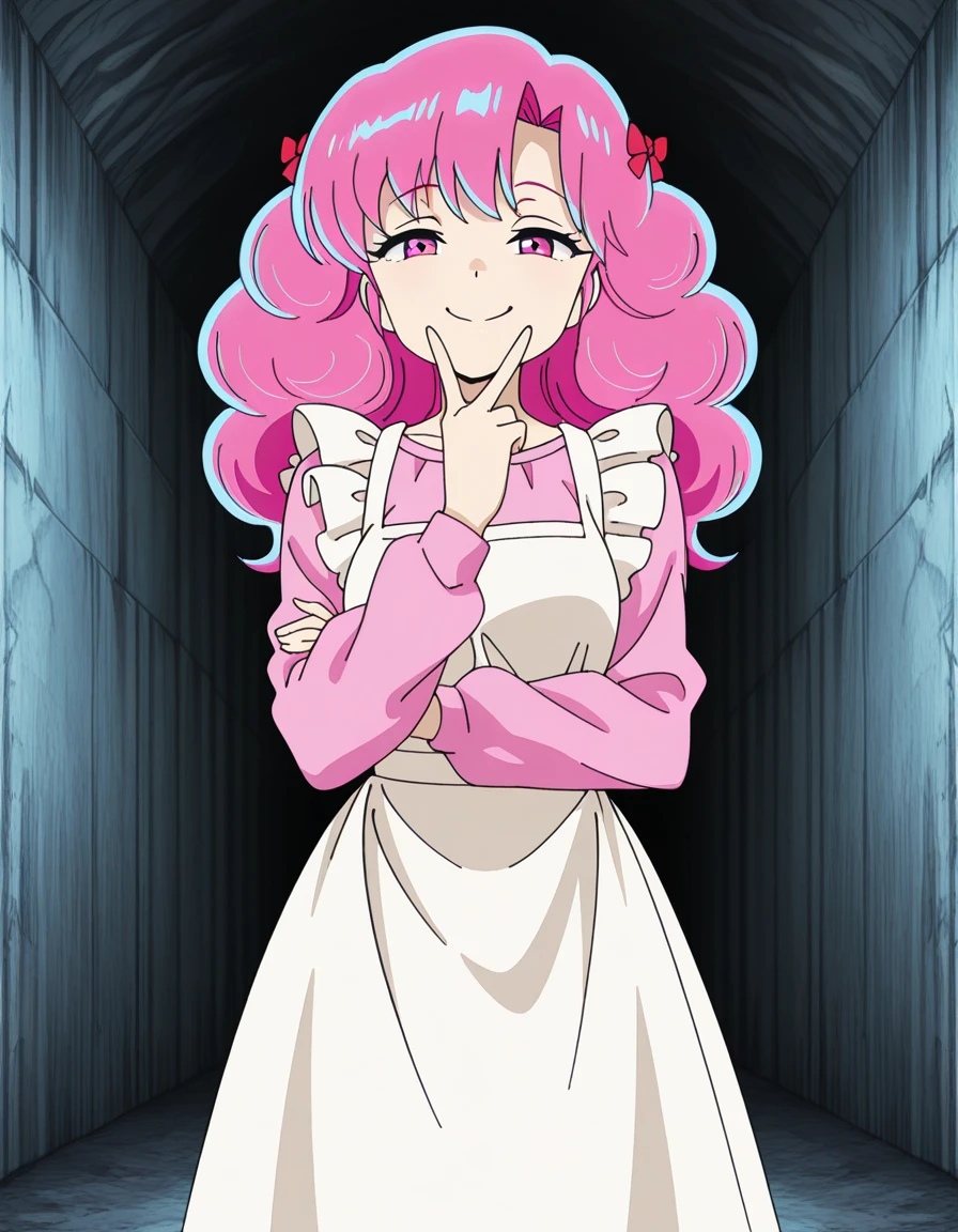 masterpiece, best quality, amazing quality,, <lora:urusei-yatsura-ran-s1-illustriousxl-lora-nochekaiser:1>, ran, long hair, bangs, pink hair, bow, hair bow, red bow, pink eyes, mature female, small , anime screencap, long sleeves, apron, white apron, shirt, pink shirt, frills, long sleeves,, v, v over mouth, smug,, tunnel, dark, underground, passage, walls, cowboy shot, solo, looking at viewer, <lora:transparent-background-illustriousxl-lora-nochekaiser:1>, transparent background, simple background, white background