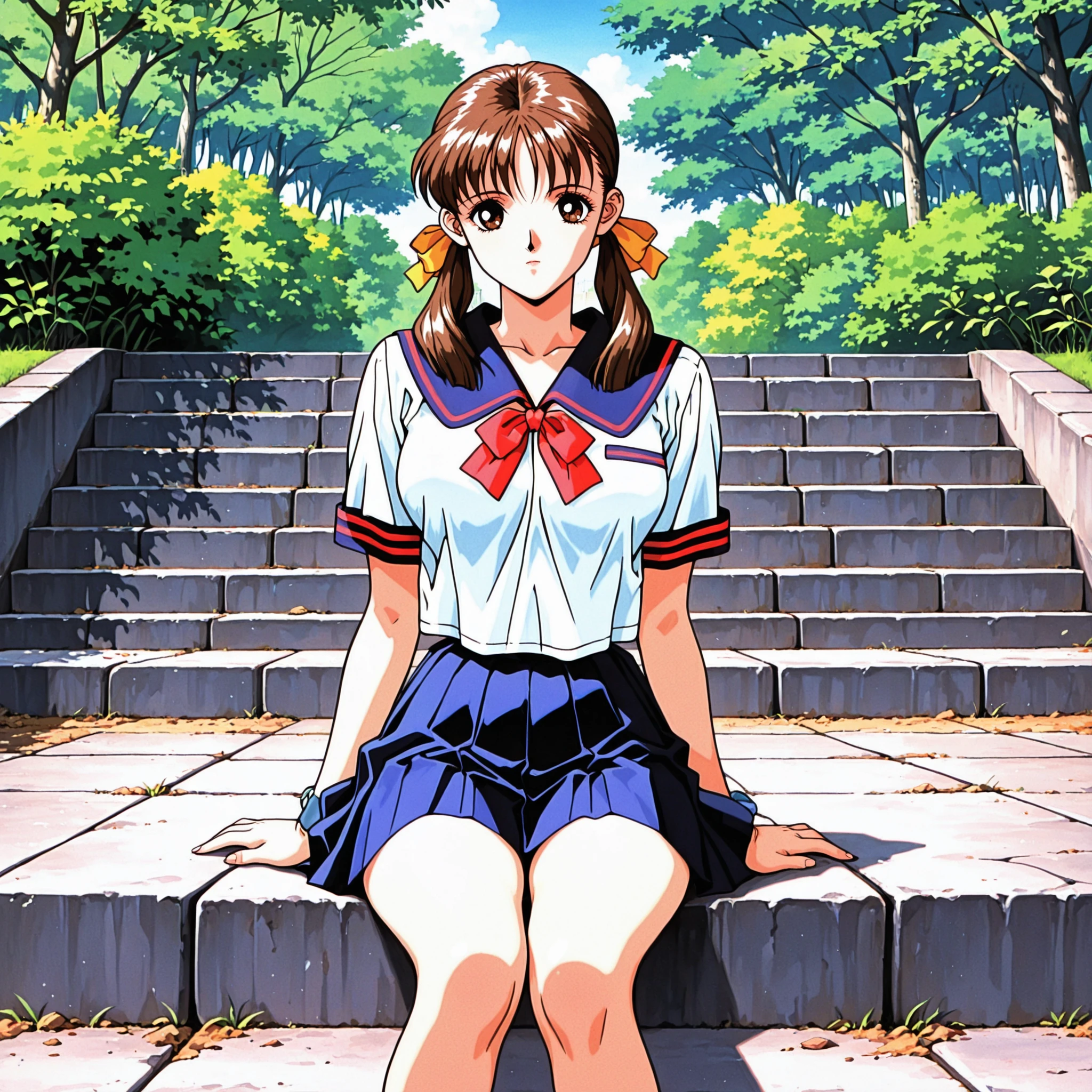 lazypos, <lora:Fujisawa_Ayana_-_Cool_devices_Yellow_Star:1> COOLAYANA07, 1girl, 1990s \(style\), umetsu yasuomi, brown eyes, brown hair, low twintails, hair ribbon, breasts, serafuku, outdoors, park, sitting on a large stone stairs,