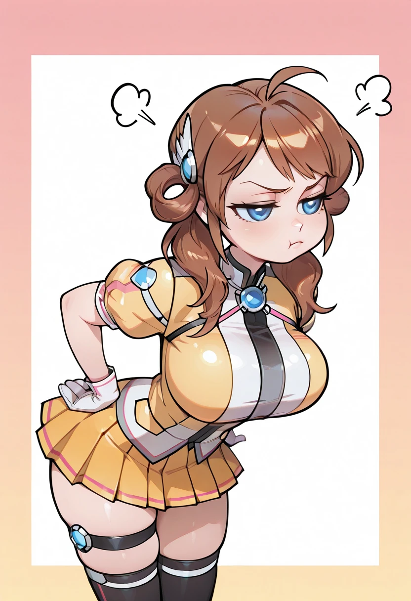 1girl, solo, fig, leahs_moe, brown hair, swept bangs, ahoge, hair rings, low twintail hair, wing_hair_ornament, blue eyes, blue brooch, moe_uniform, puffy short sleeves, white gloves, thigh strap, black thighhigh, yellow_pleated_mini_skirt, large breast, hands on hip, lean forward, pout, , highres,  masterpiece, best quality, amazing quality, very awa, very aesthetic, , <lora:Illust\edit\new\leahs_moe_v1-000007.safetensors:1.0:1.0> <lora:Illust\style\VNPK_Style.safetensors:1.0:1.0>