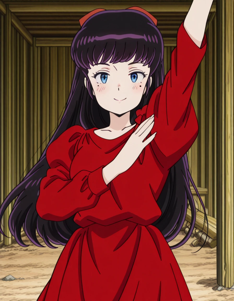 masterpiece, best quality, amazing quality,, <lora:ryouko-mendou-s1-illustriousxl-lora-nochekaiser:1>, ryouko mendou, long hair, blue eyes, purple hair, bow, hair bow, mole, mole under eye, mature female, small , anime screencap, dress, red dress, collarbone, long sleeves,, <lora:sailorvenus-pose-illustriousxl-lora-nochekaiser:1>, sailorvenus pose, solo, looking at viewer, blush, smile, straight-on, cowboy shot, arm up, hand up,, shack, small, wood, old, rural, cowboy shot, solo, looking at viewer,