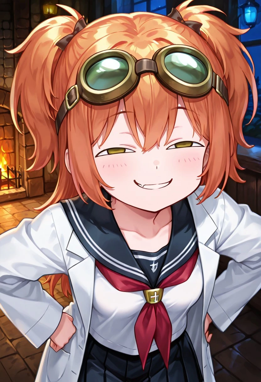 masterpiece, best quality, amazing quality, absurdres, newest, very awa, beautiful eyes,
Indoors, night time, tavern, medieval, fireplace,
1girl, solo,
victoria_esta, yellow eyes, orange hair, long hair, twintails, messy hair, goggles on head, cute fang, small breasts,
labcoat, school uniform, serafuku, pleated skirt,
<lora:anyas-heh-face-illustriousxl-lora-nochekaiser:1>, anyas heh face, anya's heh face (meme), smile, smug, leaning forward, hands on own hips, upper body,