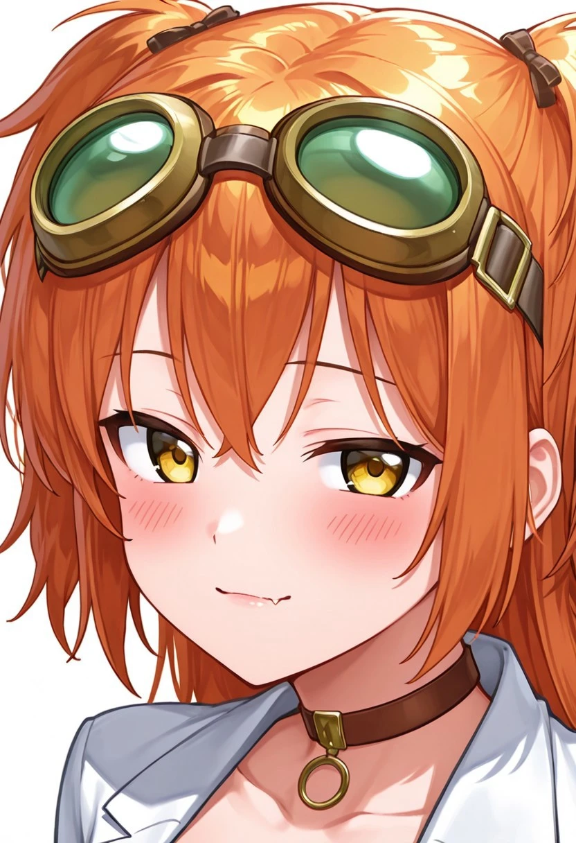 <lora:V1ct0r1a_3st4:1> score_9, score_8_up, score_7_up, score_6_up, masterpiece, best quality, very awa, beautiful eyes,
simple background, white background, face focus, Portrait,
1girl, solo ,looking at viewer, light smile, bedroom eyes, blush,
victoria_esta, 1girl, yellow eyes, orange hair, long hair, twintails, messy hair, goggles on head, cute fang,
labcoat, brown choker,