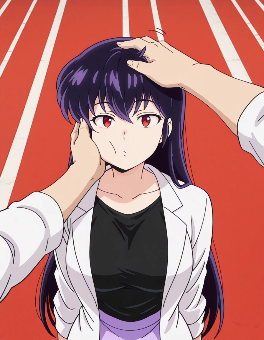 masterpiece, best quality, amazing quality,, <lora:urusei-yatsura-sakura-s1-illustriousxl-lora-nochekaiser:1>, sakura, long hair, purple hair, red eyes, mature female, medium breasts, anime screencap, labcoat, white labcoat, collarbone, shirt, black shirt, skirt, pencil skirt, purple skirt,, <lora:pov-cheek-and-head-pat-illustriousxl-lora-nochekaiser:1>, pov cheek and head pat, pov cheek and head pat (meme), looking at viewer, upper body, solo focus, pov, hand on another's head, pov hands, headpat, hand on another's face, hand on another's cheek, petting,, running track, lanes, red, exercise, race, cowboy shot, solo, looking at viewer,