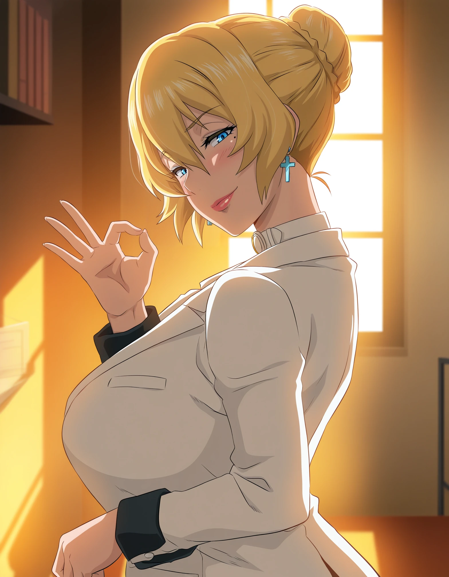 masterpiece, good quality, best quality, absurdres, highres, very awa, shadow, anime coloring,
Nijou Shizue, standing, from side, ok sign,
1girl, mature female, smirk,
looking at viewer, blush, light smile, turning head, head tilt, lipstick,
blonde hair, short hair, single hair bun, braided bun, blue eyes, mole under eye, cross earrings,
white collar, white blazer,
indoors, room, evening, window, shelf, sidelighting,
<lora:Nijou Shizue NoobAIXL EPS IL:1>